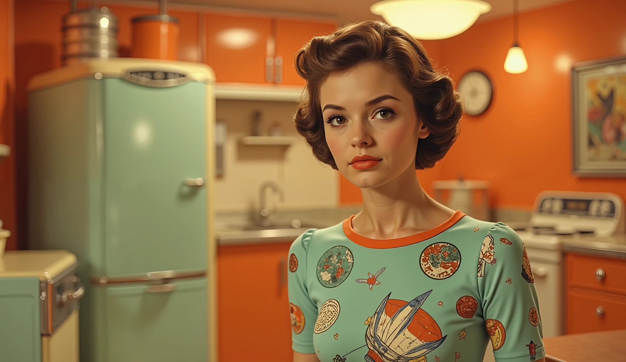 Stylized retro interior shot of a young woman in a space-themed bodysuit, covered in vintage rocket illustrations and planetary motifs. She stands in front of pastel-colored 1950s appliances—a mint washing machine and a yellow television set with rounded edges. The room glows with warm orange lighting from vintage bulbs. Her hair is curled neatly into a mid-century updo, and her makeup is soft but precise, with an orange-toned lipstick matching the decor. The scene feels intimate, like a snapshot from a retro space-themed kitchen. Bold color blocking, glossy surfaces, and nostalgic charm define the aesthetic.