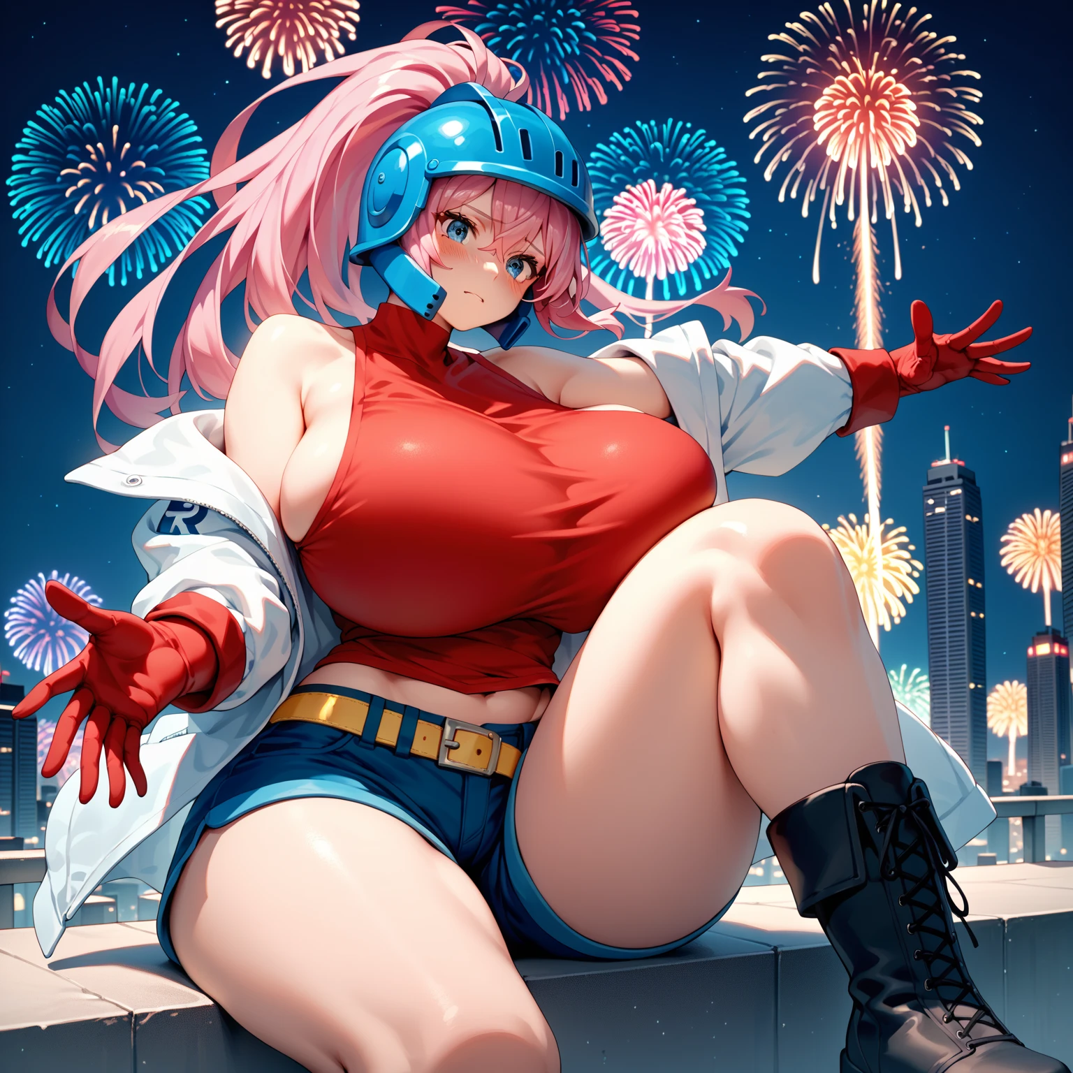 Cute sexy girl, Pink hair, A bunny girl, Ultra photo realsisim, Detailed lighting, anime big breast, possessed ,the night,Fireworks explode in the sky , The fireworks are huge,Spectacular fireworks display.