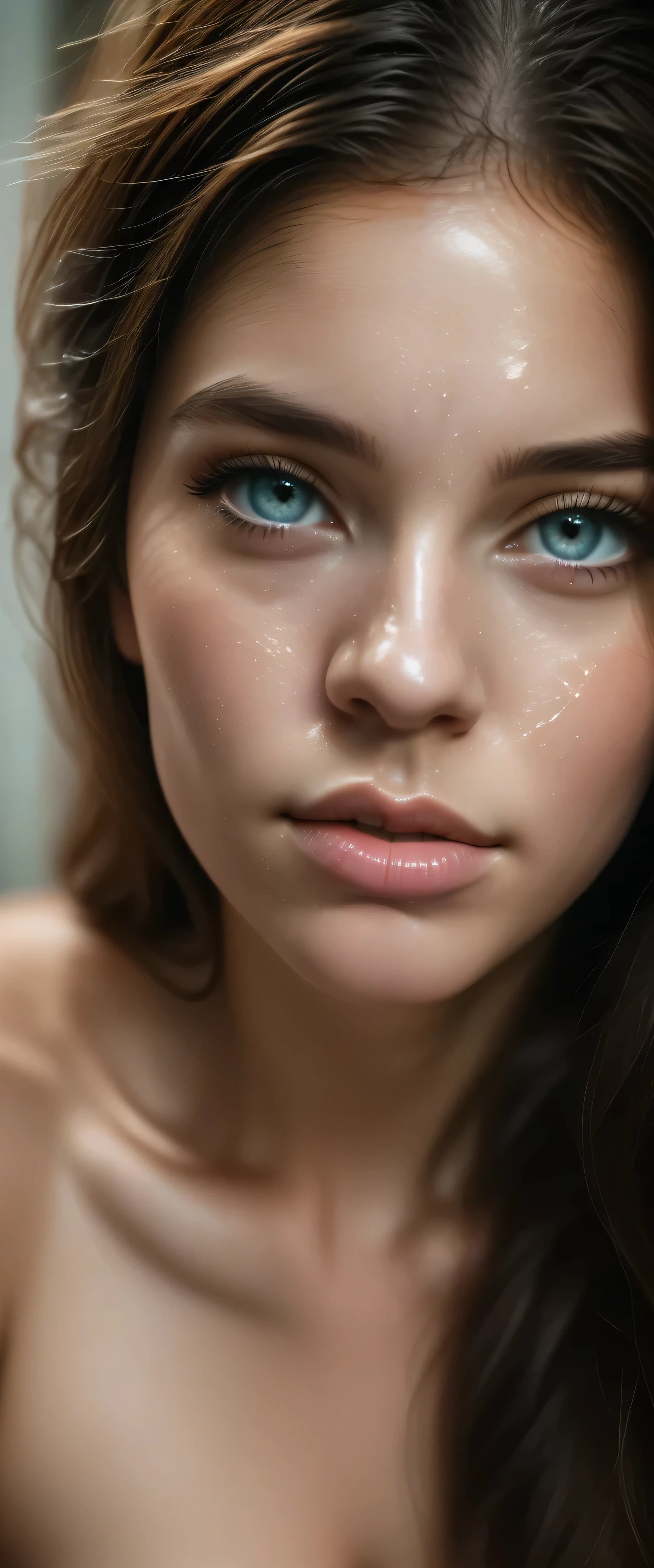 there is a woman with hands tied up, neck zoomed in, closeup of arms, upper body close - up, upper body close up, skinny upper arms, zoomed out shot, close up half body shot, neck zoomed in from lips down, detailed arms, smooth tan skin, armpit,a close up of a woman ,photorealistic skin texture, detailed unblurred face, close up at face, close up of face, realistic skin texture, realistic textured skin, ultra high detail ultra realism, hyperdetailed skin, closeup on face, 8 k pores,UHD, closeup of face, neck zoomed in from lips down