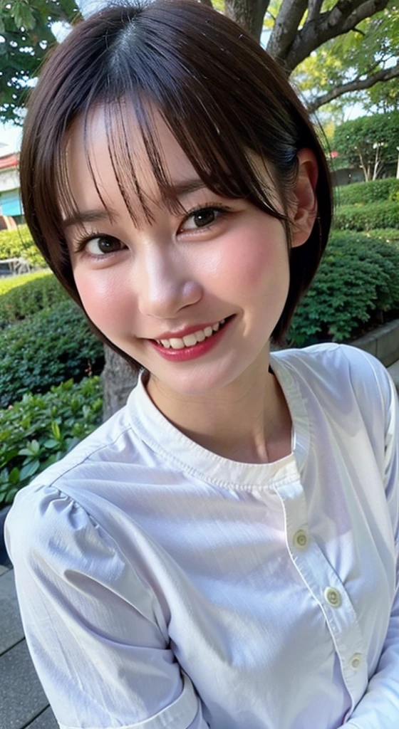 (8k, RAW Photos,highest quality, High resolution:1.1), (Ultra-realistic:1.4),(Realistic, Realistic:1.3),The Beauty of Japan、pajamas、((Upper Body:1.3))A high-resolution, photo-realistic image of a Japanese woman with short hair, wearing a slightly revealing outfit. She has large breasts and blushing cheeks. She is holding a smartphone in her right hand, looking at it with a smile, while taking a selfie. Her smartphone and face are slightly apart. She appears to be live streaming from inside her home, lying on the futon