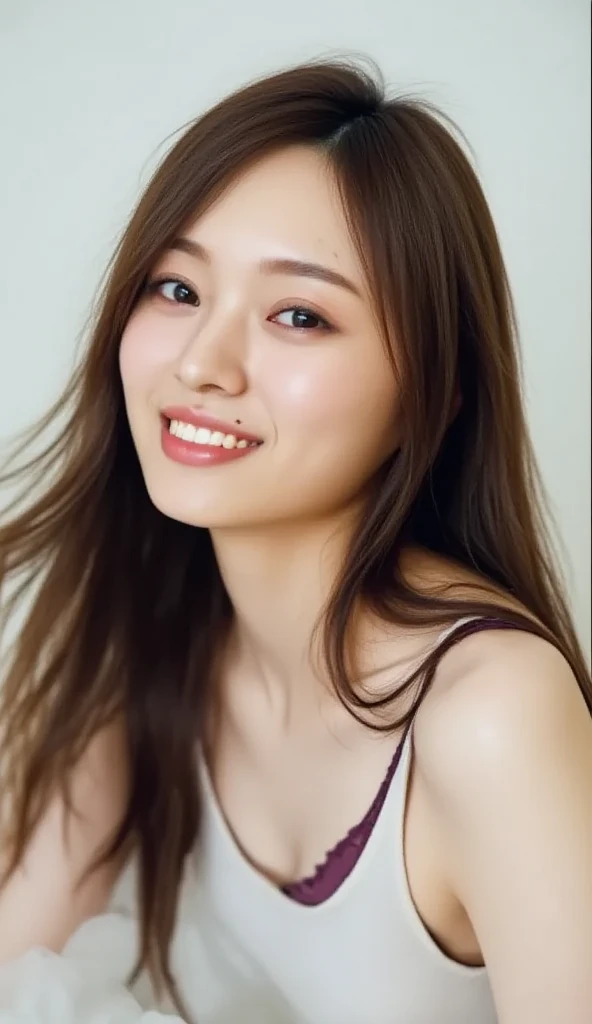young beautiful japanese woman, 30 years old, white background, simple背景, white-brown hair, thin, In 32K, high quality, beauty, beautiful eyes, simple, High resolution,1 person,beautiful skins,beautiful skin,laughter,