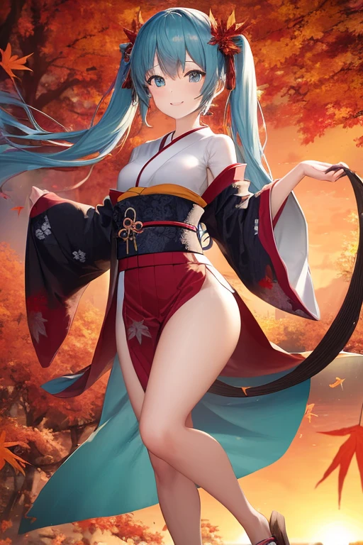 A Japanese style animesque wondrous strange Whimsical surreal fanciful Sci-Fi Fantasy Girl Slowly Descending Holding on to Huge Autumn Leaves Large breasts large ass, sweet innocent sexy beautiful face