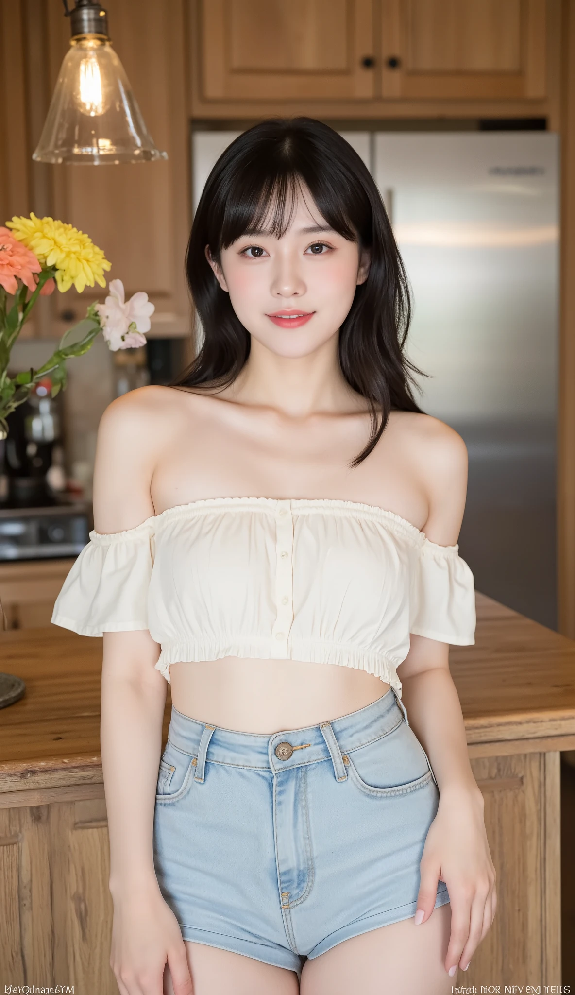 Enhanced Dynamic Perspective,Cute pretty beautiful girl,Short Bob Hair,((White cotton off-the-shoulder top with ruffles))、Shorts、Look at me and smile, background,Masterpieces,high quality,4K resolution,Ultra-fine,More about pubic hair,Accurate,Cinema Lighting,Keep the original face proportions、(Huge breasts)、