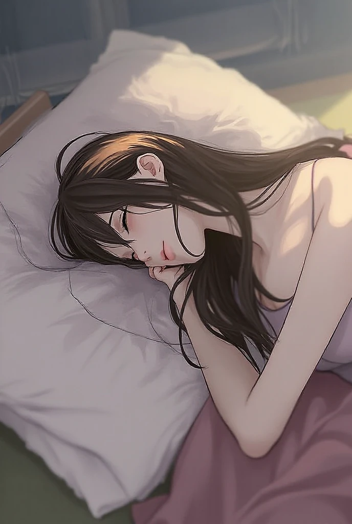 (Highest quality),Woman sleeping on a pillow,I'm tired and exhausted,Large windows,Night Sky, star, full moon