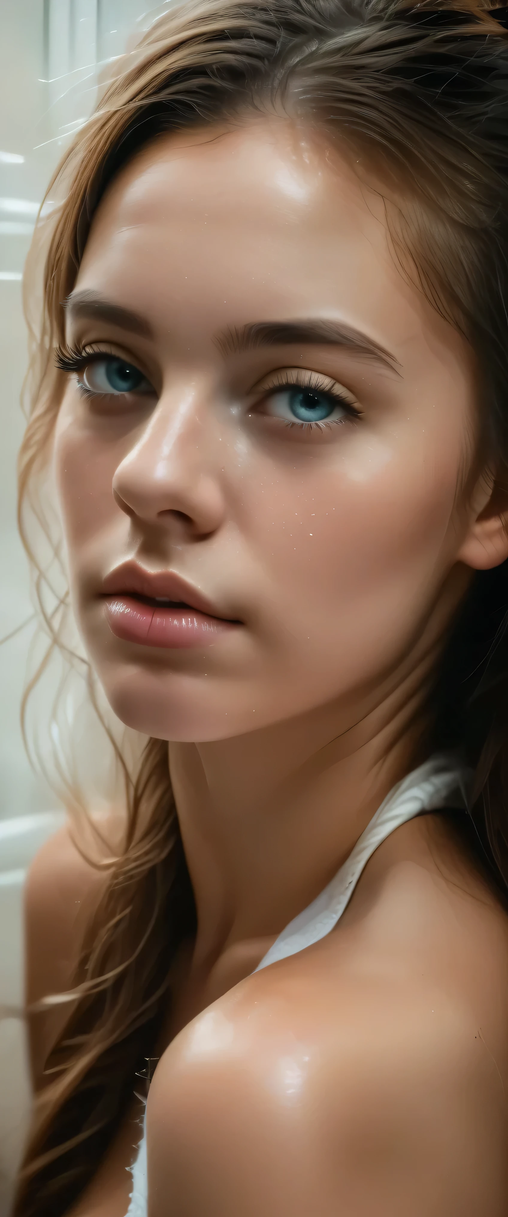 (there is a woman with hands tied up), neck zoomed in, closeup of arms, upper body close - up, upper body close up, skinny upper arms, zoomed out shot, close up (half body shot), neck zoomed in from lips down, detailed arms, smooth tan skin, (armpit),a close up of a woman ,photorealistic skin texture, detailed unblurred face, close up at face, close up of face, realistic skin texture, realistic textured skin, ultra high detail ultra realism, hyperdetailed skin, closeup on face, 8 k pores,UHD, closeup of face, neck zoomed in from lips down