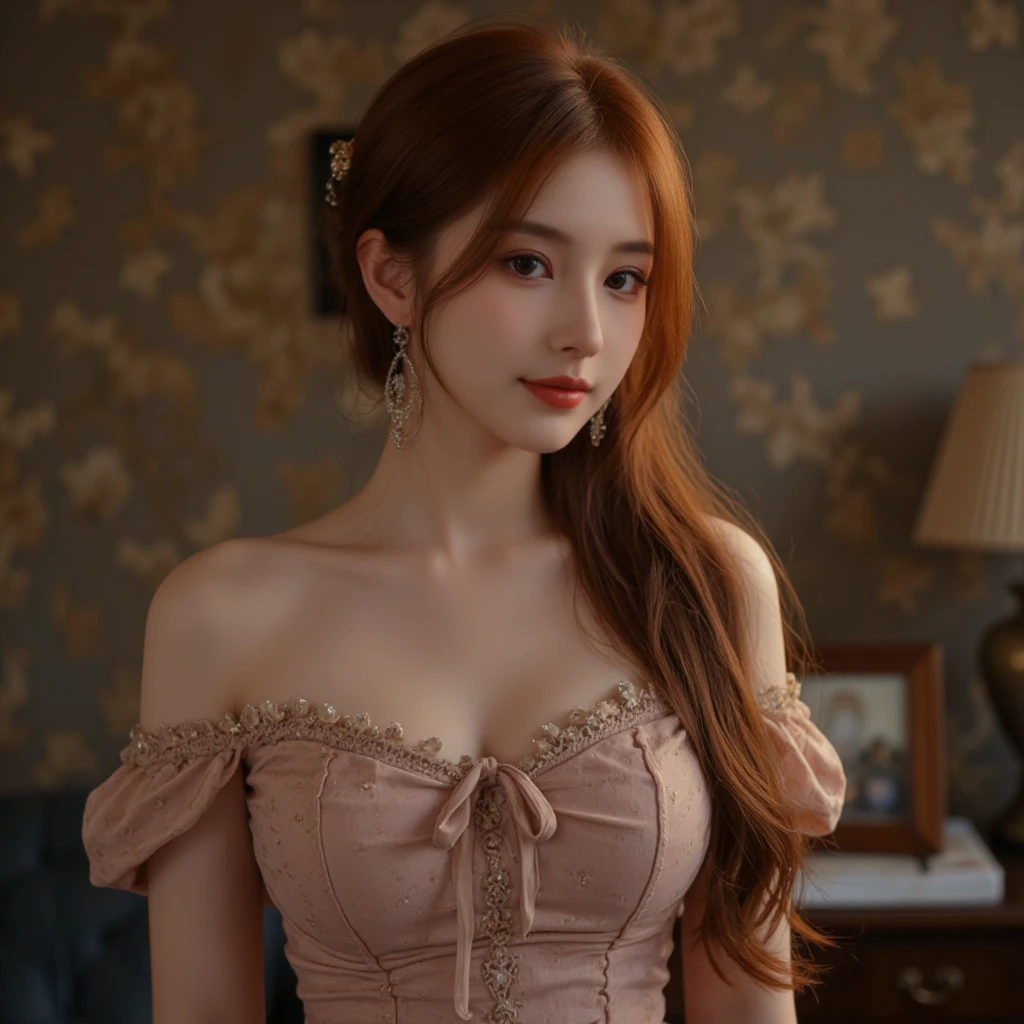(masterpiece:1.2,highest quality),Photographed with an ultra-wide-angle lens,blur the background,1 High school girl,emphasizes the chest,(medium breasts),Cute ,red hair,detailed and beautiful eyes,blushing face,healthy skin,looking at the viewer,smile,(resort scenery),8K resolution, Wedding corset
