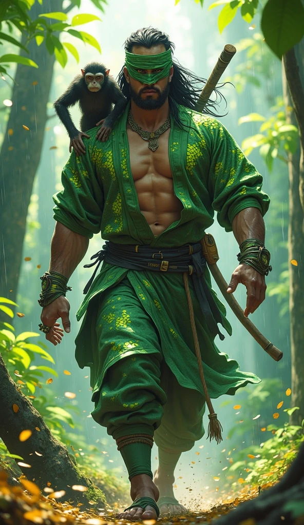 A man around 30 years old, medium height, long black hair, slightly messy, not tied, eyes closed, brown skin with scars on several parts of the body, athletic and muscular body, green warrior clothes, green snake scale motif, long trousers , headband, wooden stick.