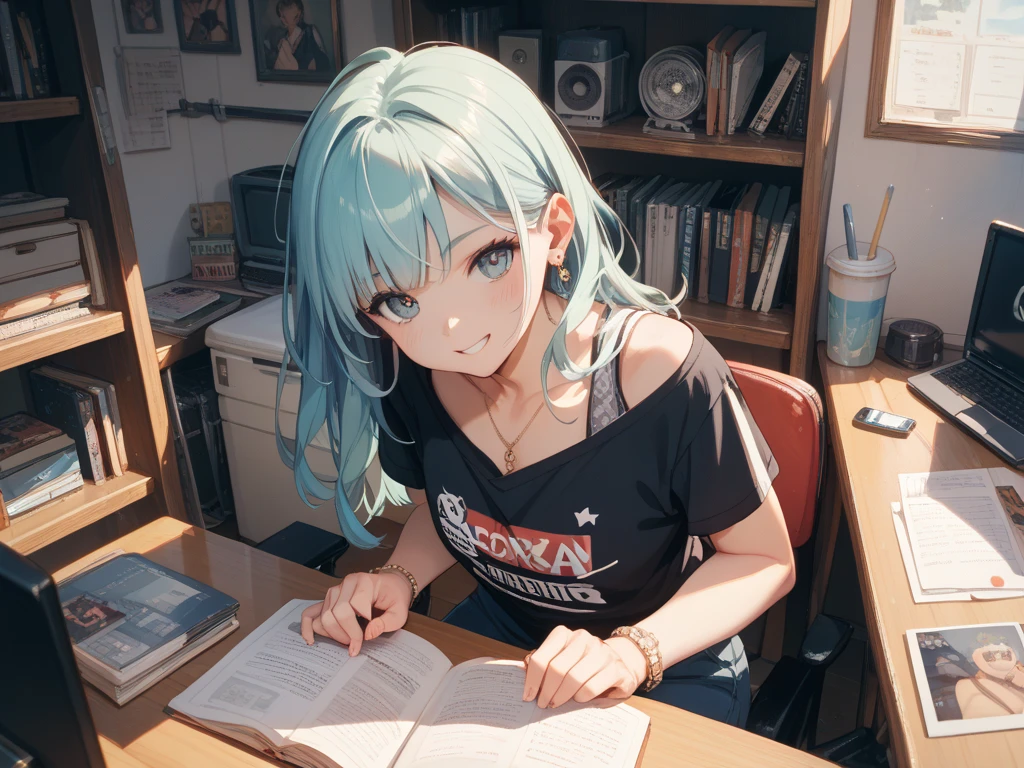 Anime Moe Art Style,highest quality,High resolution,Anatomically correct,One Girl,Mid-teens,A girl with light blue hair in a ponytail,Super detailed,Fantasy-style world,off shoulder tops,mini skirt,Big Breasts,At my desk,Reading an open dictionary,He puts his fingers on his chin and thinks deeply.,Eyes drawn in detail,hair ornaments,necklace,bracelet,ring,8K