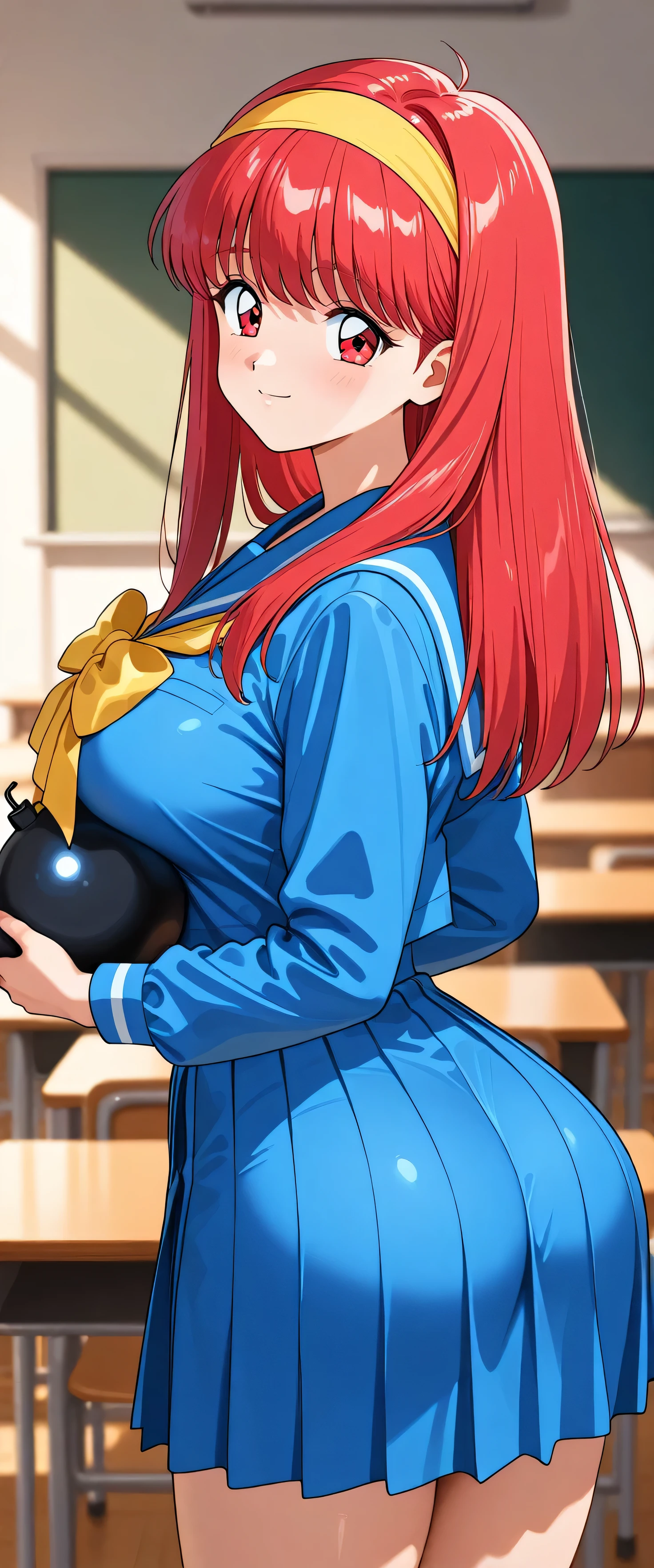 (she has a bomb:1.5),(正面図:1.2),Straight Hair、Long Hair、Shiny light red hair color,(blue sailor suit:1.5),Yellow headband,The large ribbon on the front of the sailor suit is yellow.,(blue pleated skirt:1.5),Looks about , (beautiful girl: 1.3),Big, round eyes、Eyes are red,Highest quality,8k,Highly detailed CG unit wallpaper,masterpiece:1.2,top-quality,Ultra-high resolution,RAW Photos,real texture skin,Cinema Lighting,Modern Japanese school classroom,The girl is a hood friend of beautiful girl,Big, round, beautifully shaped butt,Fujisaki_Shiori, 1girl,solo, long hair, hairband, red hair, red eyes, large breasts,bags, 1990s \(style\),笑顔