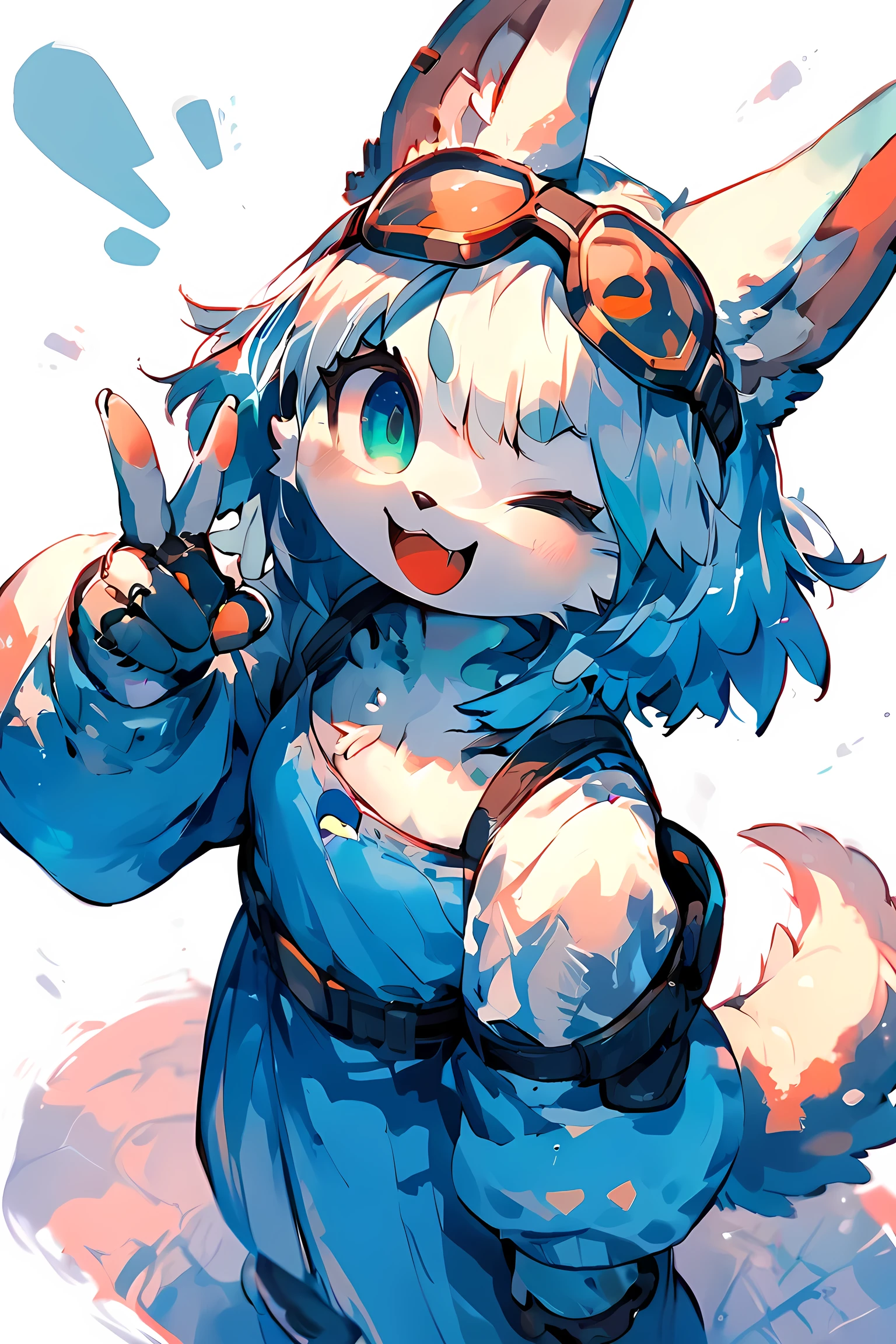 Anime style, top quality, masterpiece、 cartoon anime、female furry、 Light Blue Beast 、Forehead goggles 、the white coat, robotic feels, from above, wink, one eye closed, peace hand gesture, ✌