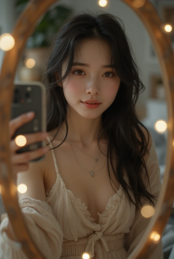 naked very shy asian woman on bed showing a poloraid of herself  in a proovocative pose she has just shot