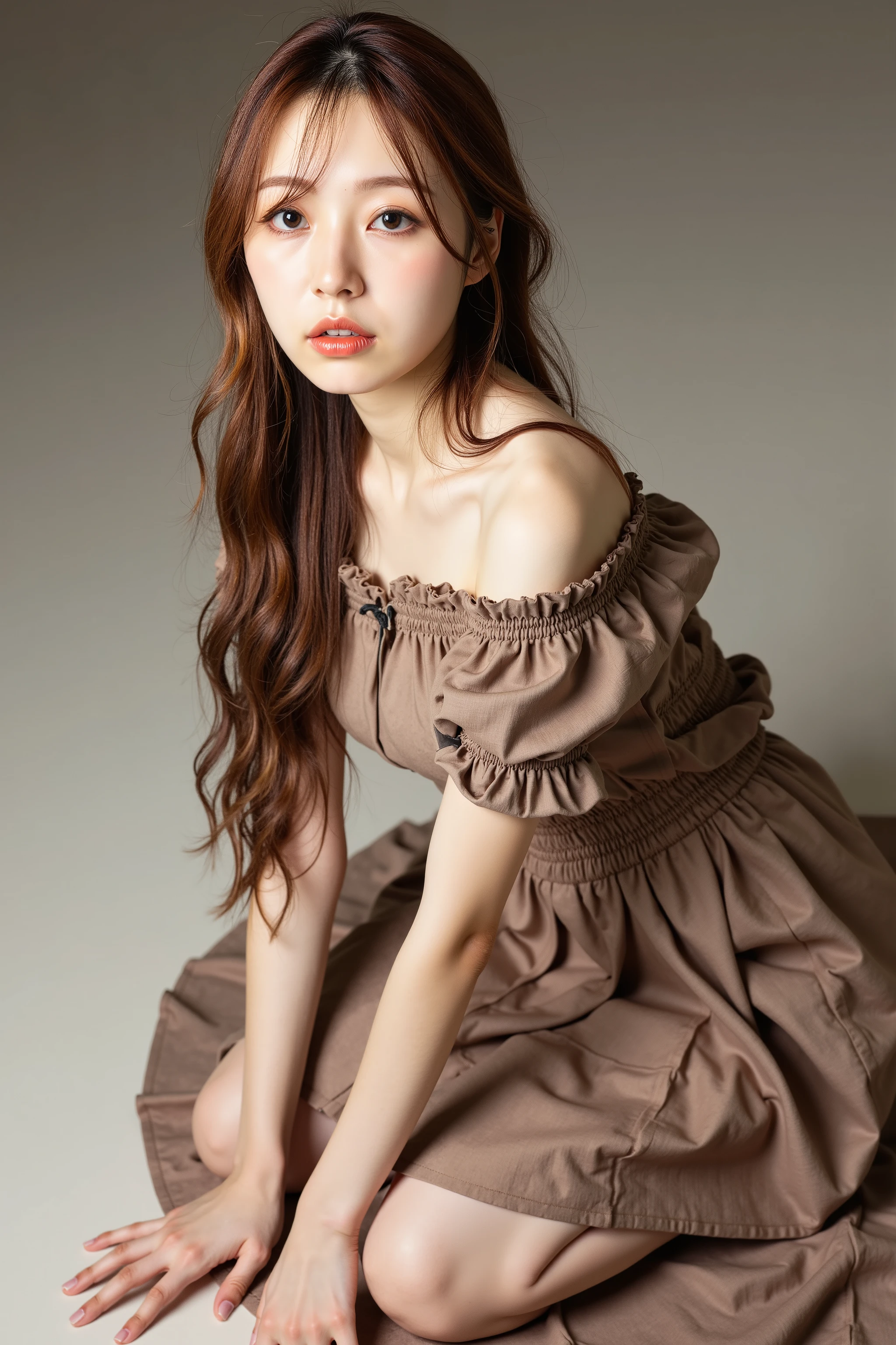 A high resolution portrait photograph of a Japanese woman kneeling leaning forward viewed her whole body from the front. Her hairstyle is long ponytail brown hair. She has a tiny breasts and pale skin. She wears a off-shoulder dress with downblouse. It depicts detailed hands, detailed fingers and anatomically correct proportion.