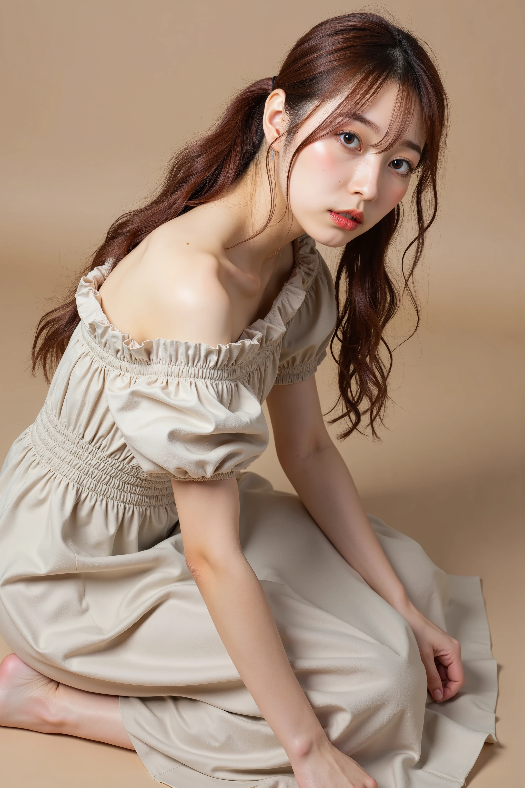 A high resolution portrait photograph of a Japanese woman kneeling leaning forward viewed her whole body from the front. Her hairstyle is long ponytail brown hair. She has a tiny breasts and pale skin. She wears a off-shoulder dress with downblouse. It depicts detailed hands, detailed fingers and anatomically correct proportion.