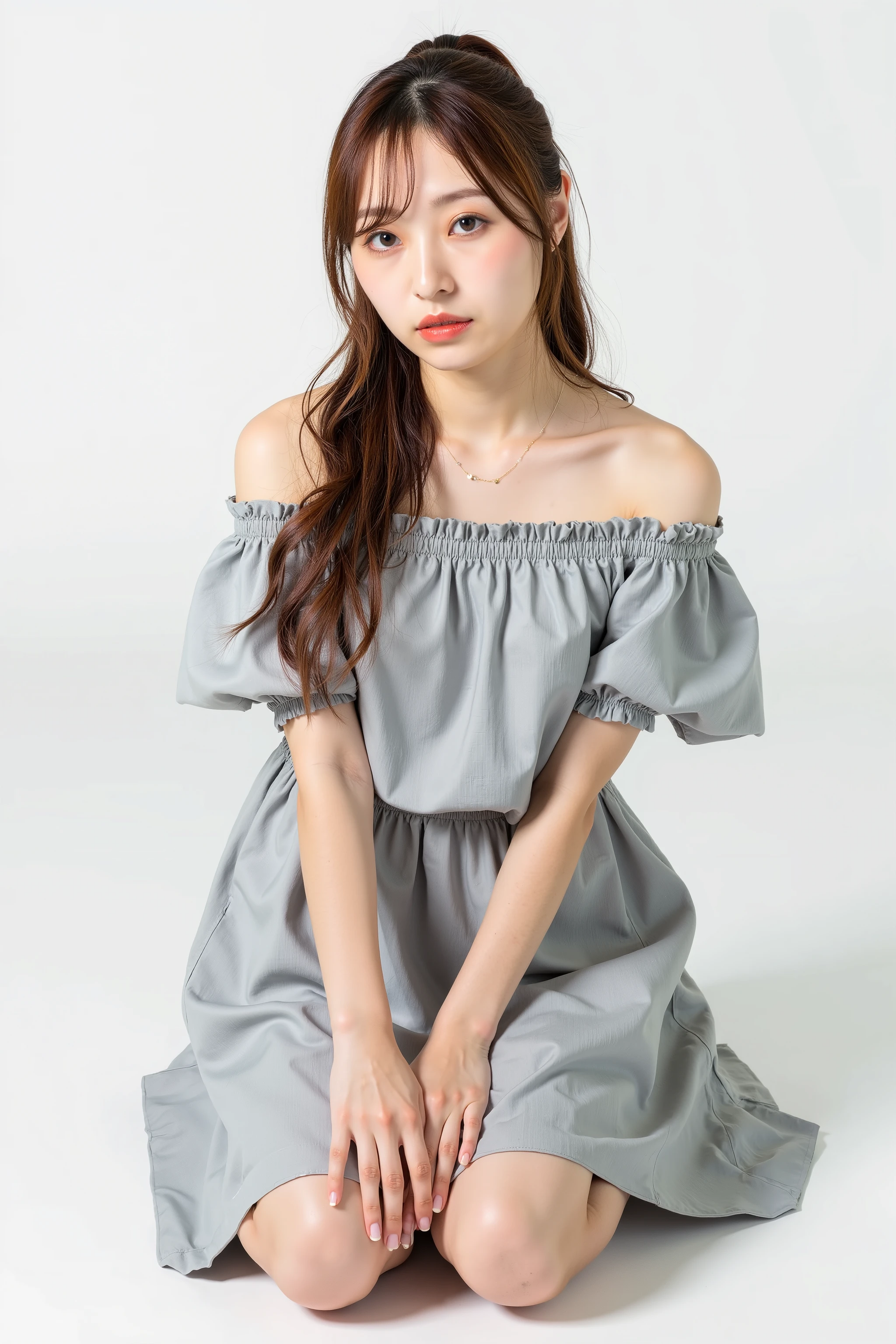 A high resolution portrait photograph of a Japanese woman kneeling leaning forward viewed her whole body from the front. Her hairstyle is long ponytail brown hair. She has a tiny breasts and pale skin. She wears a off-shoulder dress with downblouse. It depicts detailed hands, detailed fingers and anatomically correct proportion.