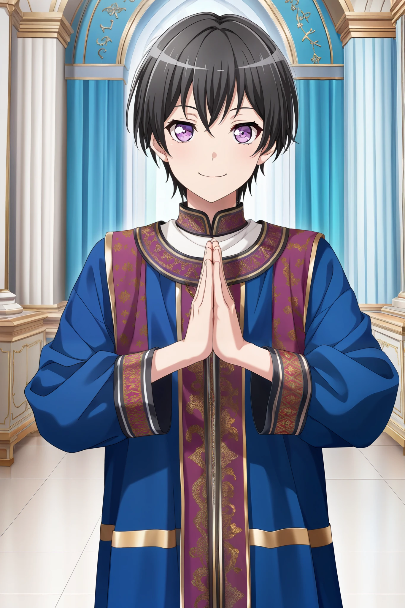 score_9, score_8_up, score_7_up, best quality, masterpiece, source_anime, anime coloring, anime screencap, official art 3d bang dream! official art 3d, Detailed eyes, Perfect eyes, good eyes,
BREAK
1boy, solo, Mature, male focus, caelus, black hair, Purple eyes, (perfect face, perfect eyes:1.2), BREAK, bishounen, handsome, MC anime, bang dream!, best quality, amazing quality, very aesthetic, Long-sleeved clothes, Islamic clothes , Namaste, full color , smile, standing, looking at viewer, palms together, parallel, Fingers pointing up.