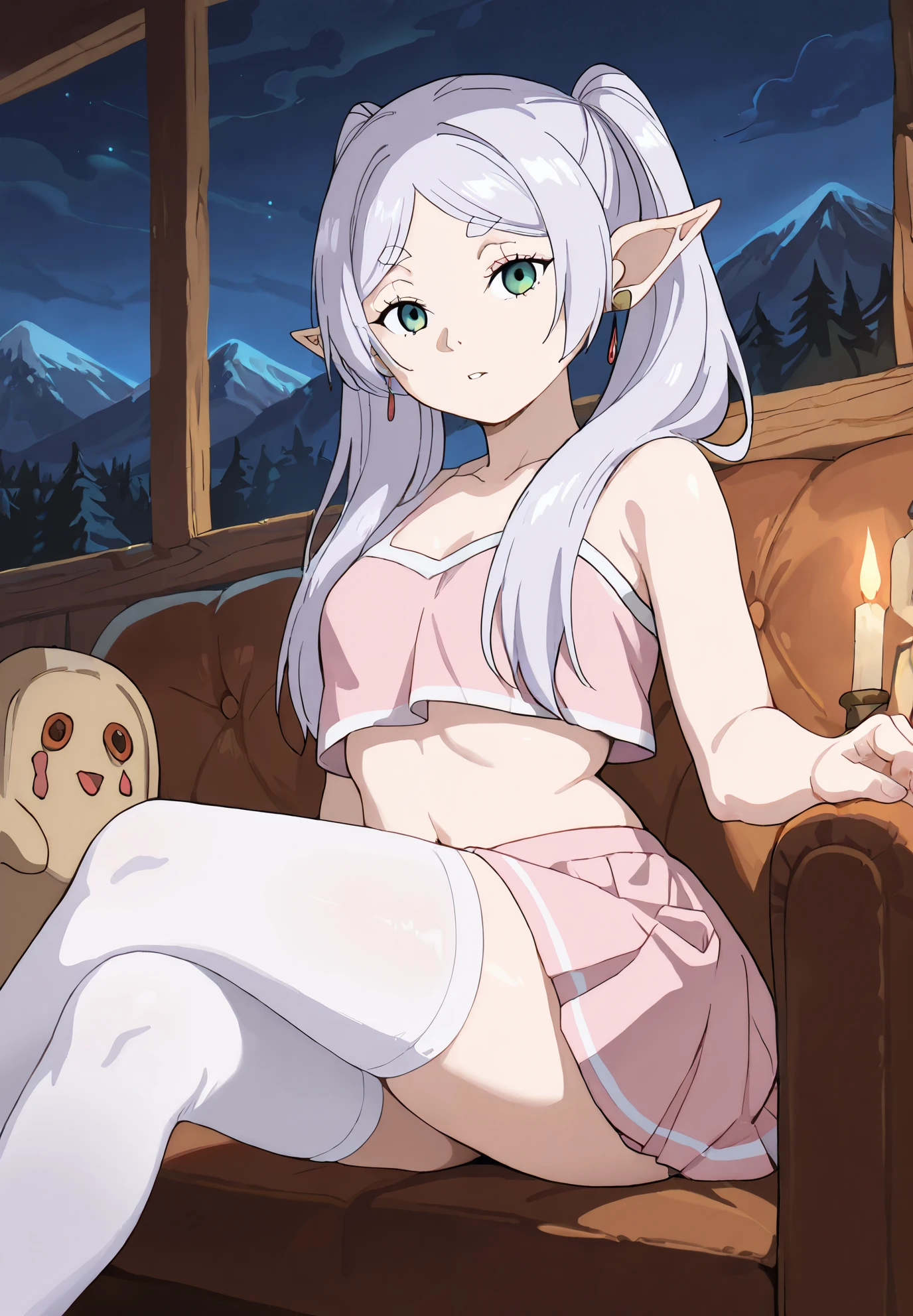 1girl, solo, Frieren, Friend Beyond Journey's End, sitting on a couch, white stockings, pink crop top, skirt, sexy pose, alluring atmosphere, BREAK, mountain cabin, night time, beautiful lighting and shadows,