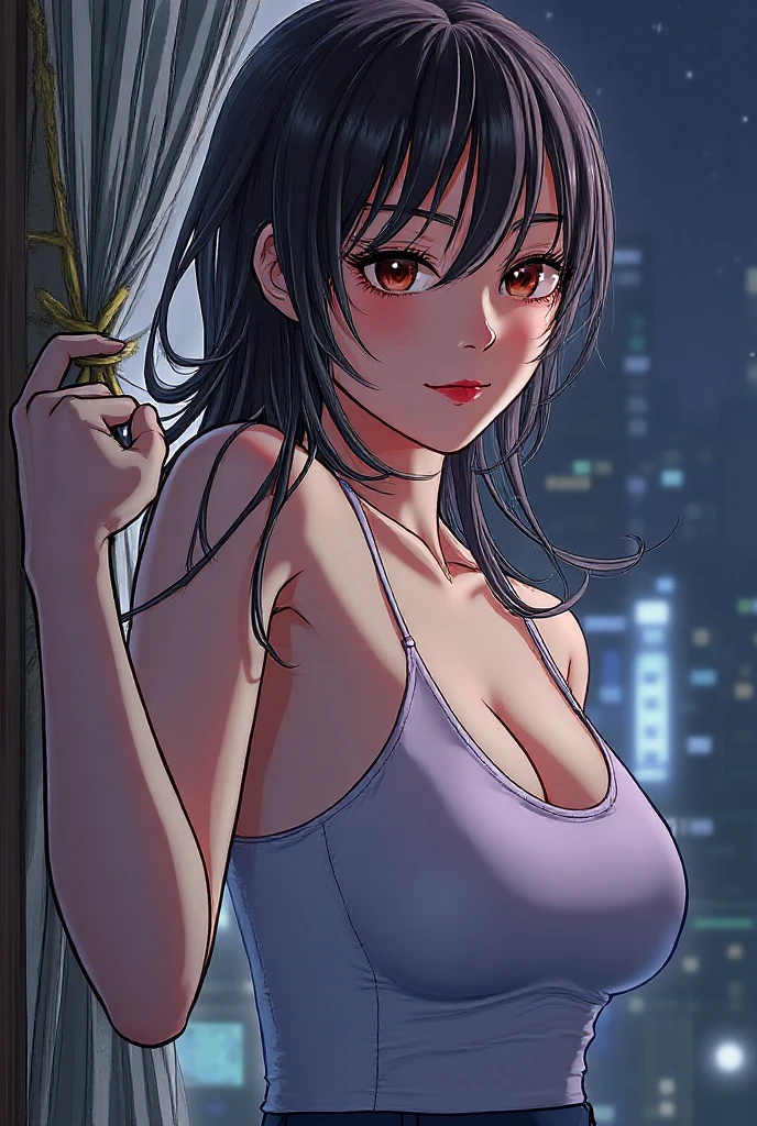 Madoka Ayukawa, bangs, long hair, Bright colors, Beautiful Style, High-quality illustrations, Position of hand holding woman&#39;s chin, Elegant painting, Detailed illustrations of clothing and facial features.