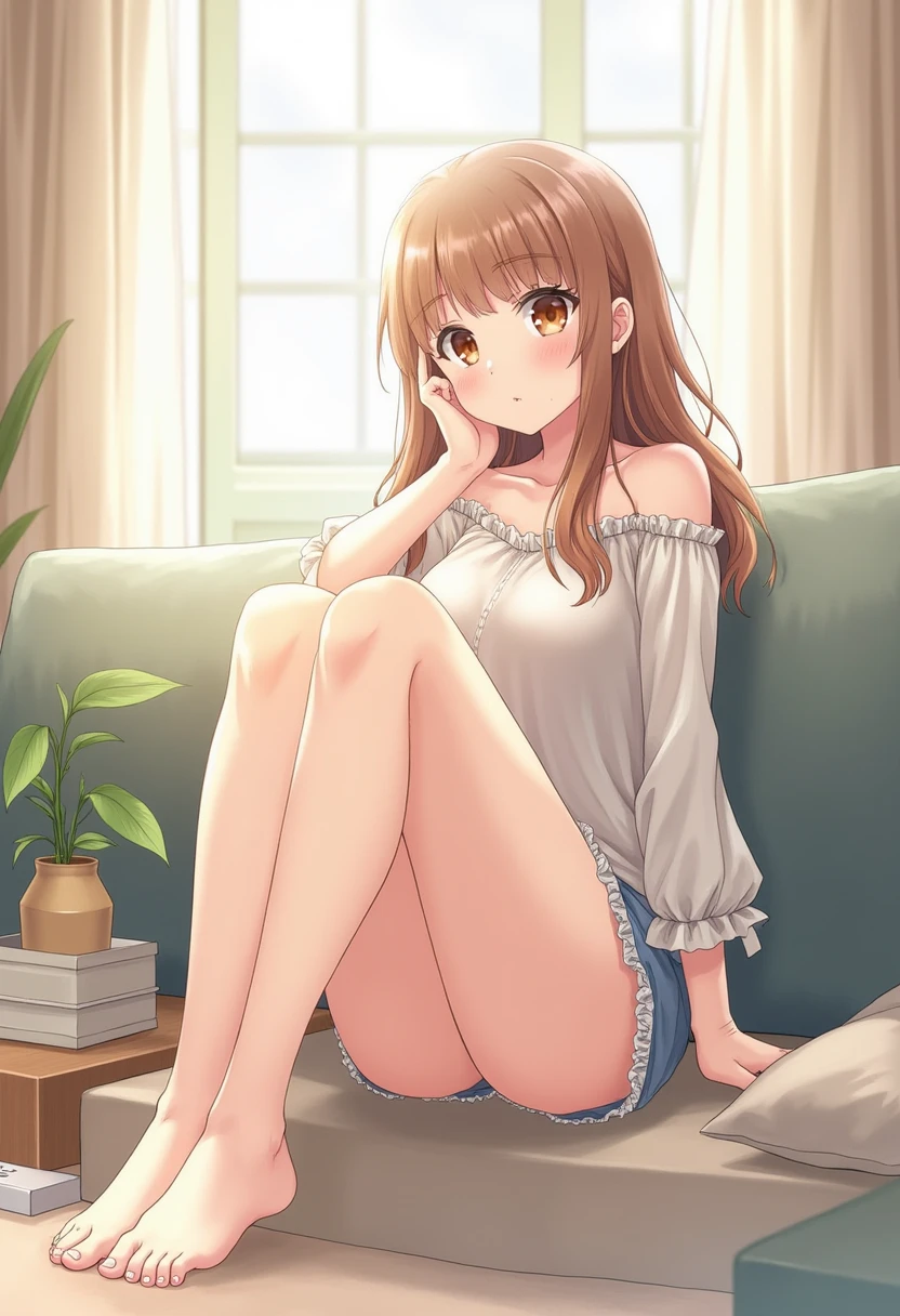Anime girl sitting facing forward showing her open legs and flat shoes with a dildo in her anus