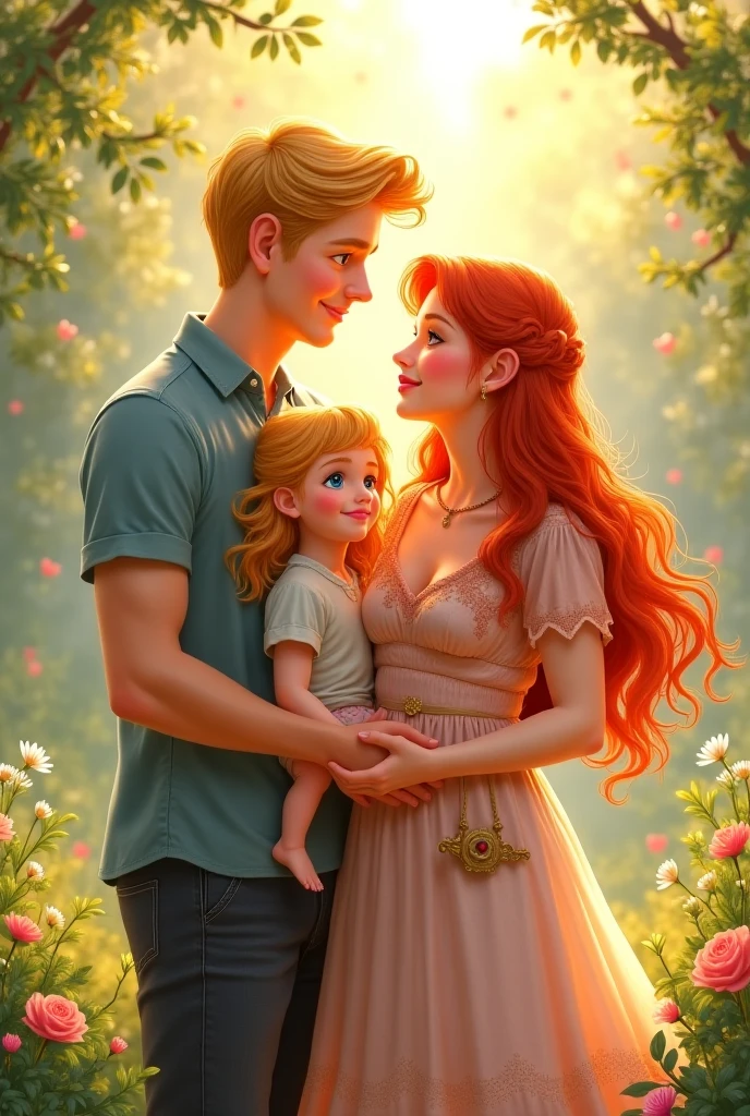 A woman with long strawberry blonde hair and amber eyes, pretty in a white dress and next to her a tanned man with short wavy black hair, bright green eyes and a defined body, an alpha male and a , the couple's son, in the middle.