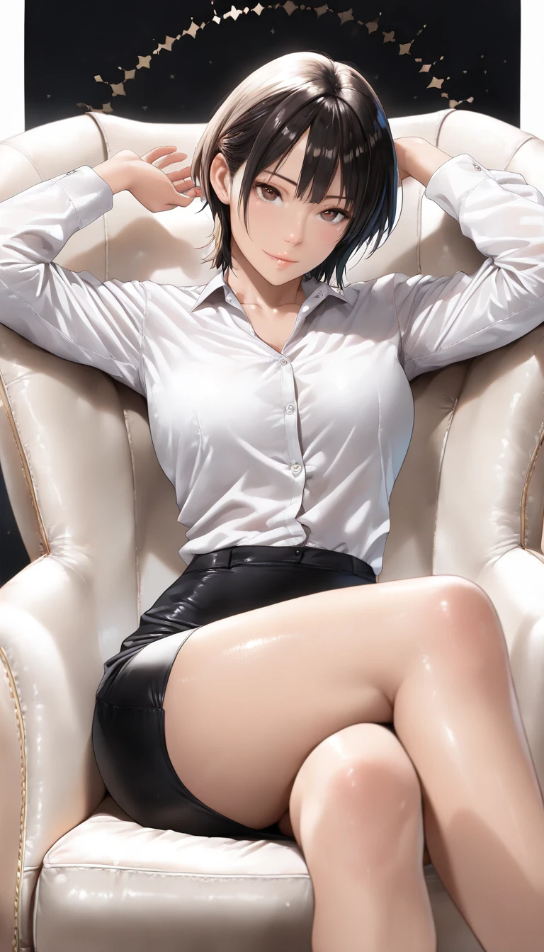 (Best Quality, Masterpiece),sexy mommy,  erotic, 18+, nsfw, 1girl, 30 years old, Contempt, pride smile, hourglass figure, high heels, sexy nurse, short black hair,green detailed sparkling eyes, spreading legs, camels toe, hospital