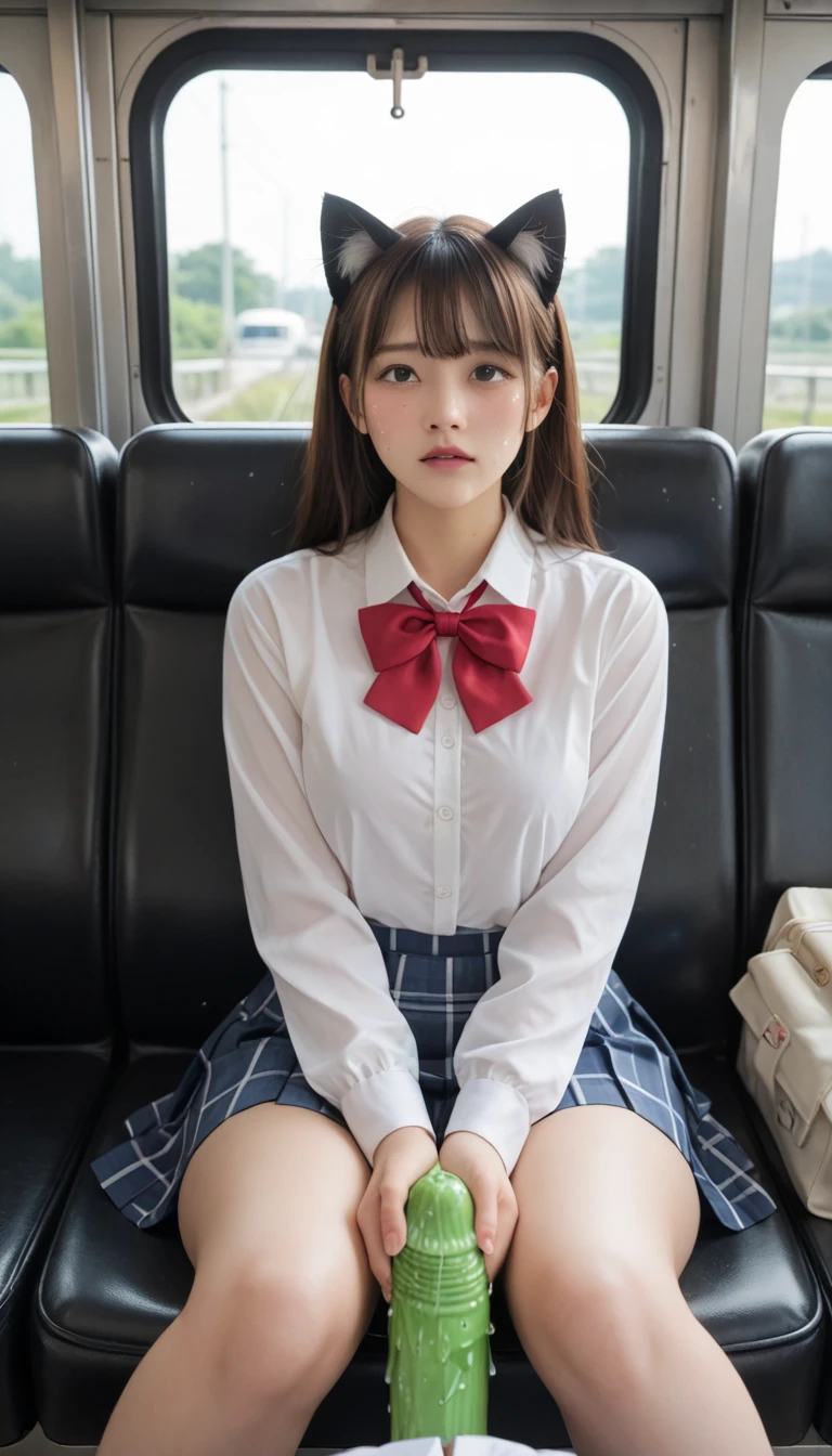 Angle from the front,sailormoon,Two girls,8K分辨率、A hyper-realistic、ultra-detailliert、hightquality、(2girls:1.1), sitting in the seat, On the train, School uniform, a school bag, Shirt, (From below:1.2),,、beautiful japanese female、Thin rag、(stick out buttocks:1.2)、finerly detailed face、shorth hair,,Cute,kawaii,Wet,, ,hposing Gravure Idol、韓国アイドル、乃木坂アイドル