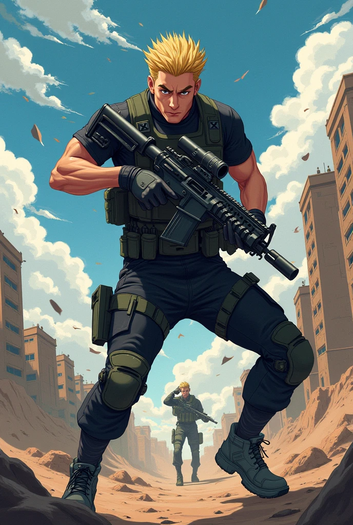 man and woman, with military uniform, in a post-apocalyptic world 