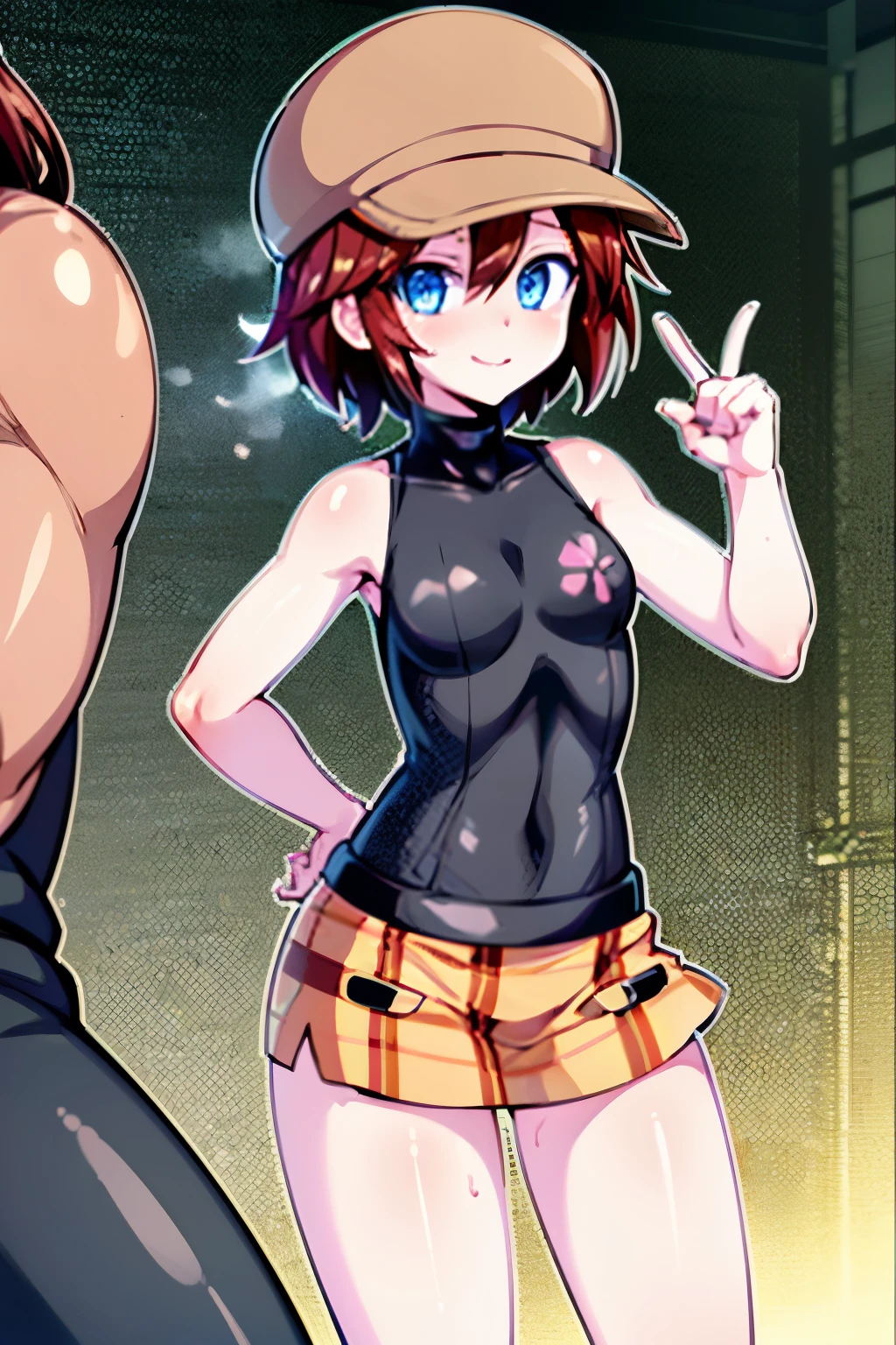 masterpiece , top quality,2 people, ( 1 Girl , Helga Haruka , blue eyes, brown hair, short hair, Brown hat, Sleeveless Turtleneck, plaid skirt,,V sign ) , ( Middle-aged male 1 ,suit , perfect anatomy),(netorare:1,1) , love hotel