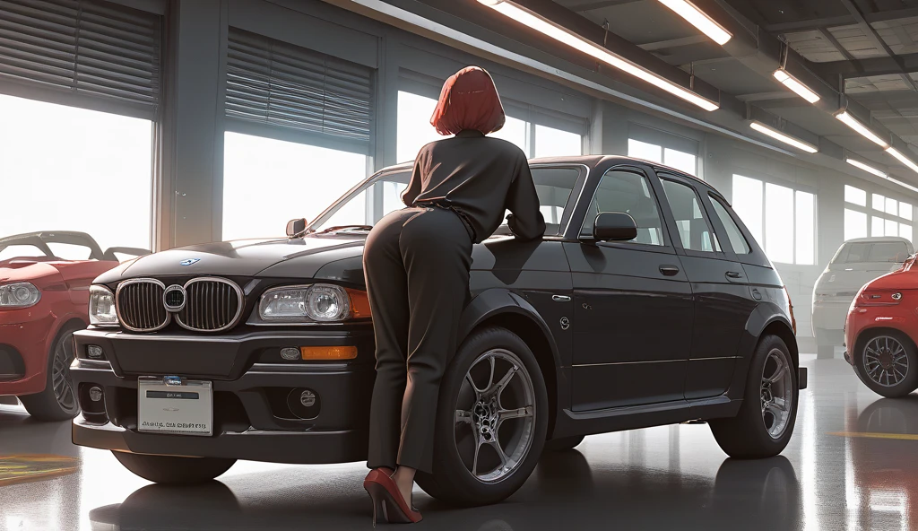 ((masterpiece, best quality)), Curvy Latina with red hair, in white bra, (white cotton panties), opening up the trunk of a car, in a parking lot, anime art style, intricate details