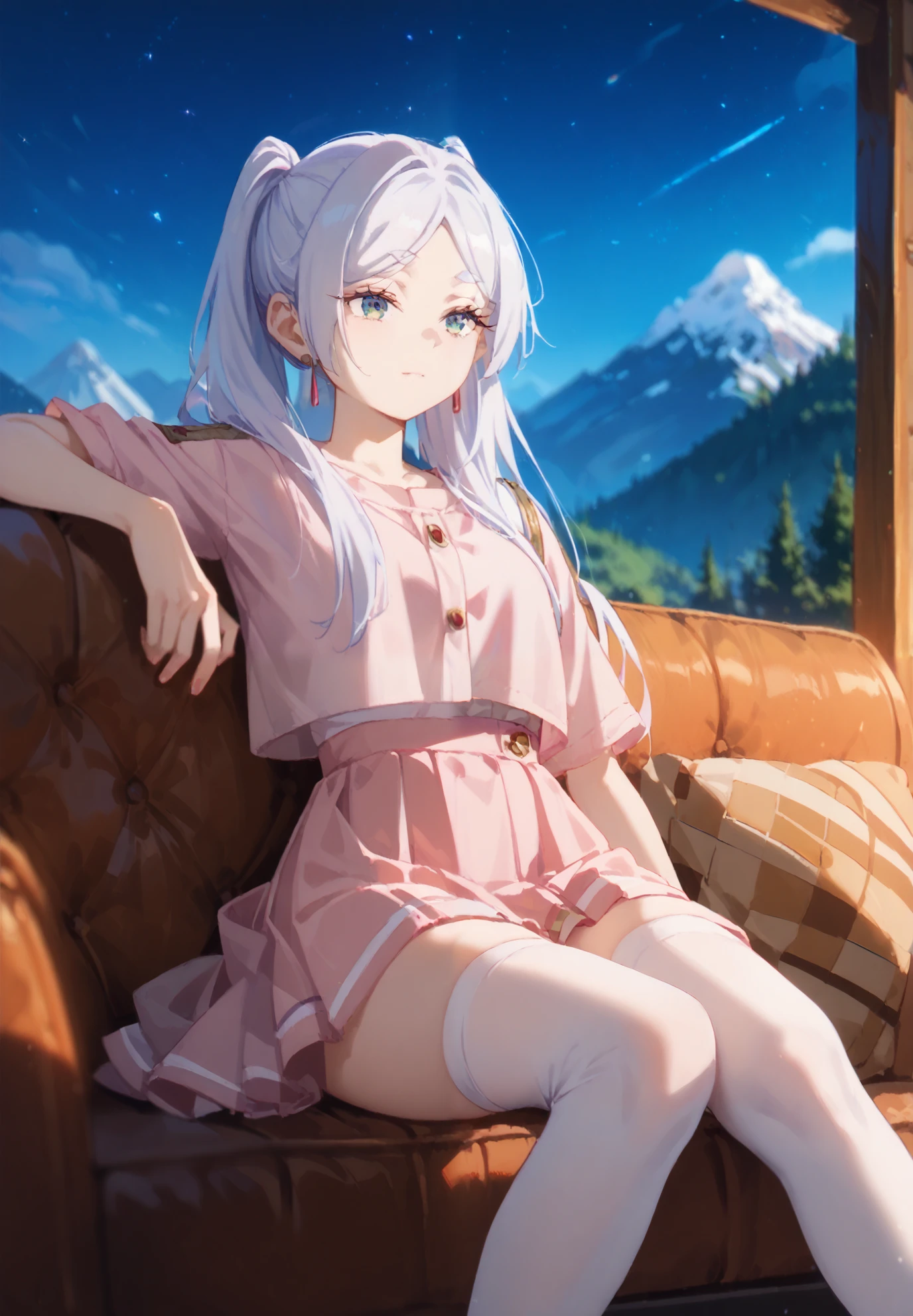 1girl, solo, Frieren, Friend Beyond Journey's End, sitting on a couch, white stockings, pink crop top, skirt, sexy pose, alluring atmosphere, BREAK, mountain cabin, night time, beautiful lighting and shadows,