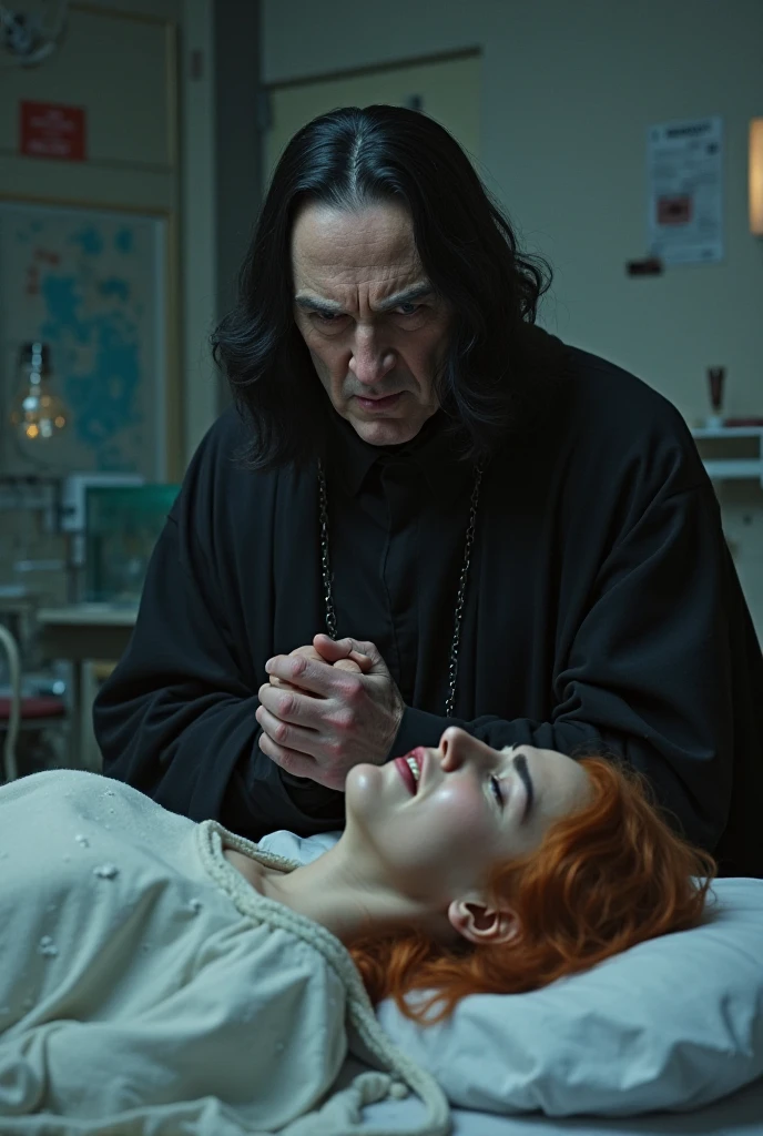 In a dark, secluded cave, Noctar, a sinister vampire-like figure with pale, almost translucent skin, a bald head, and dark, shadowy eyes, stands over the sleeping Ginny Weasley. Noctar’s tall, slender figure is cloaked in a flowing, dark robe that billows slightly in the dim, eerie light of the cave. His long, bony fingers and sharp nails give him a haunting appearance as he kneels beside Ginny, who lies peacefully on the cold ground. Ginny, with her long, fiery red hair spread out around her, is dressed in her Hogwarts uniform. Her shirt is lifted, exposing her bare, fair-skinned abdomen. Noctar’s cold, vampiric hand is placed firmly on Ginny’s exposed belly, his palm pressing gently but deliberately against her skin. The scene is tense and eerie, with the contrast between Noctar’s dark, menacing presence and Ginny’s vulnerable, peaceful state creating a sense of unease. The dim light casts deep shadows on the cave walls, emphasizing the intimate and invasive nature of Noctar’s touch.
