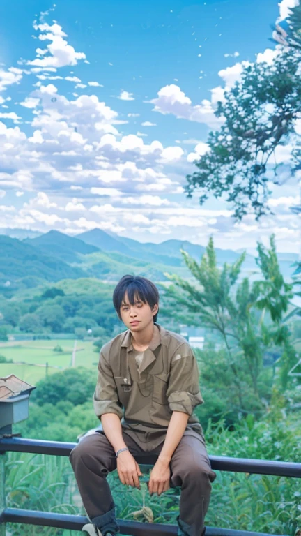 A Studio Ghibli style image featuring a young boy sitting in front of a rustic, wooden house with Pikachu. The scene is drawn with an anime touch, emphasizing detailed and distinctive shading. The background includes lush greenery, various potted plants, and a dirt path leading to the house. The setting is illuminated by a warm, golden light, creating a magical and serene atmosphere. The boy is holding a small tree branch and smiling at Pikachu, who is sitting on his lap. The overall composition captures a peaceful, everyday moment in a tranquil, enchanted world, characteristic of Studio Ghibli's iconic style. The image has a slightly faded and nostalgic look, reminiscent of classic Ghibli films, with soft and muted colors