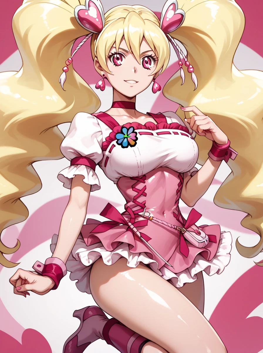 (masterpiece, best quality), 1girl, nude, Miss, Tall, Fit, Square Face, Dark Skin, blonde Hair, pink Eyes, Straight Nose, full Lips, Receding Chin, Long Hair, Wavy Hair, gyaru hair, full breasts, earrings, lipstick, gyaru, gyaru loose school clothes,