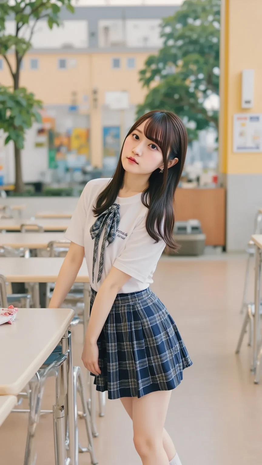 one person、one person、A 17-year-old high school girl taking a photo、victory、Twin tails、Tsundere、masterpiece、High-level image quality、Sharp focus)、White shirt、Red tie、Navy and red checked mini skirt、cute、Japanese women、17 years old、sexy、Laughter、(Perfect Anatomy、Delicate and beautiful hands and feet)、Yellow wall,Small breasts、Nogizaka Idol、Slender figure、sexy、Sitting in a chair、Thighs