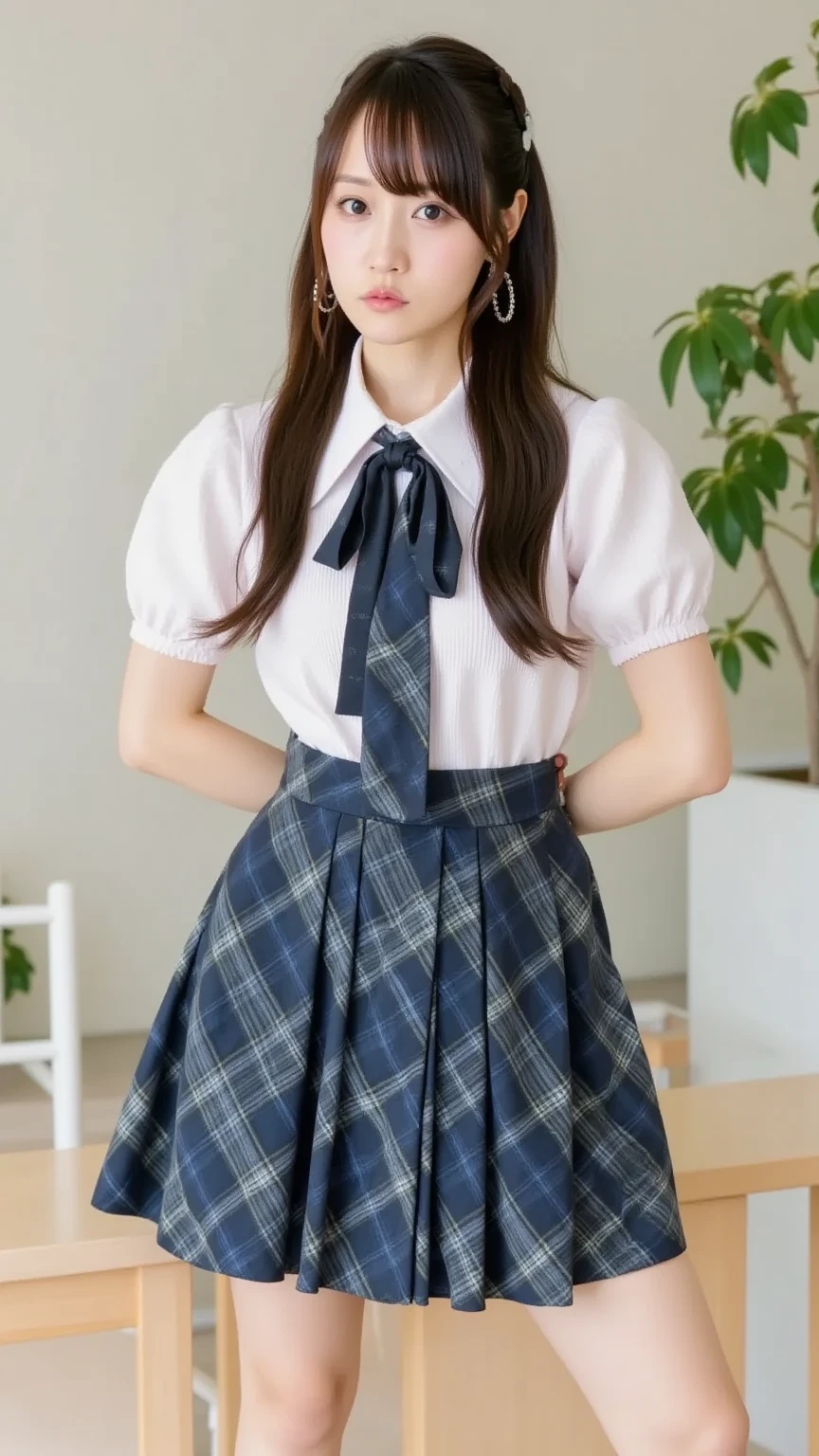 (8k, original photo processing, best quality, masterpiece: 1.2, thighs,), (realistic, realistic, photo realistic: 1.37), ultra-detailed,
Beautiful and delicate eyes, beautiful delicate nose, huge, JK uniform, pleated skirt, stockings