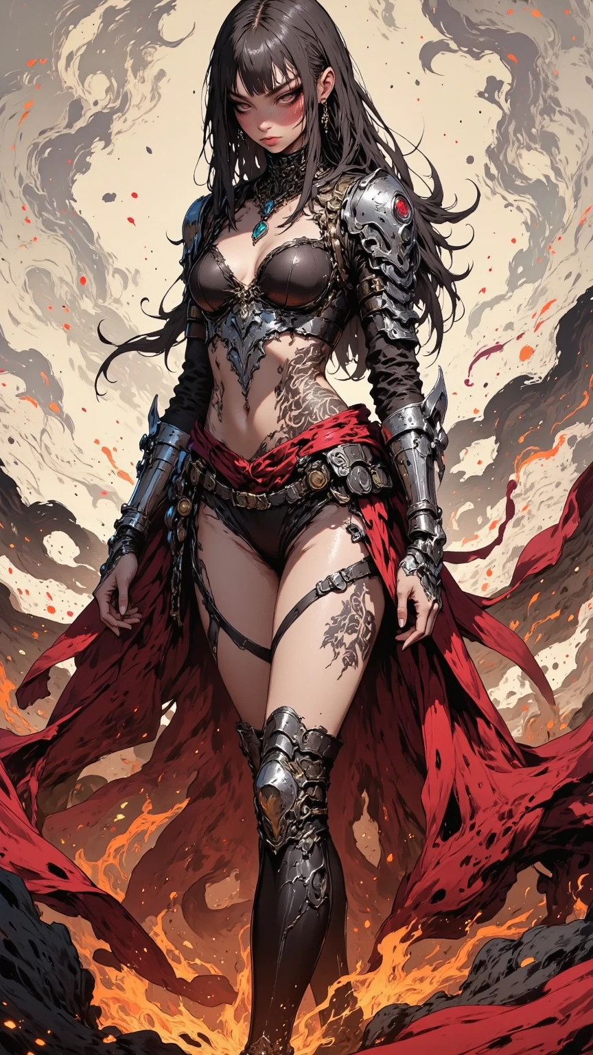 olmun as Kia from Mortal Kombat, black loincloth skirt with red patterns, black sleeveless crop top, thigh high boots on heels, gloves, accessories, make-up, long black hair, seductive, sexy, hot, sultry, shapely, intricate, high detail, sharp focus, dramatic, photorealistic painting art by greg rutkowski