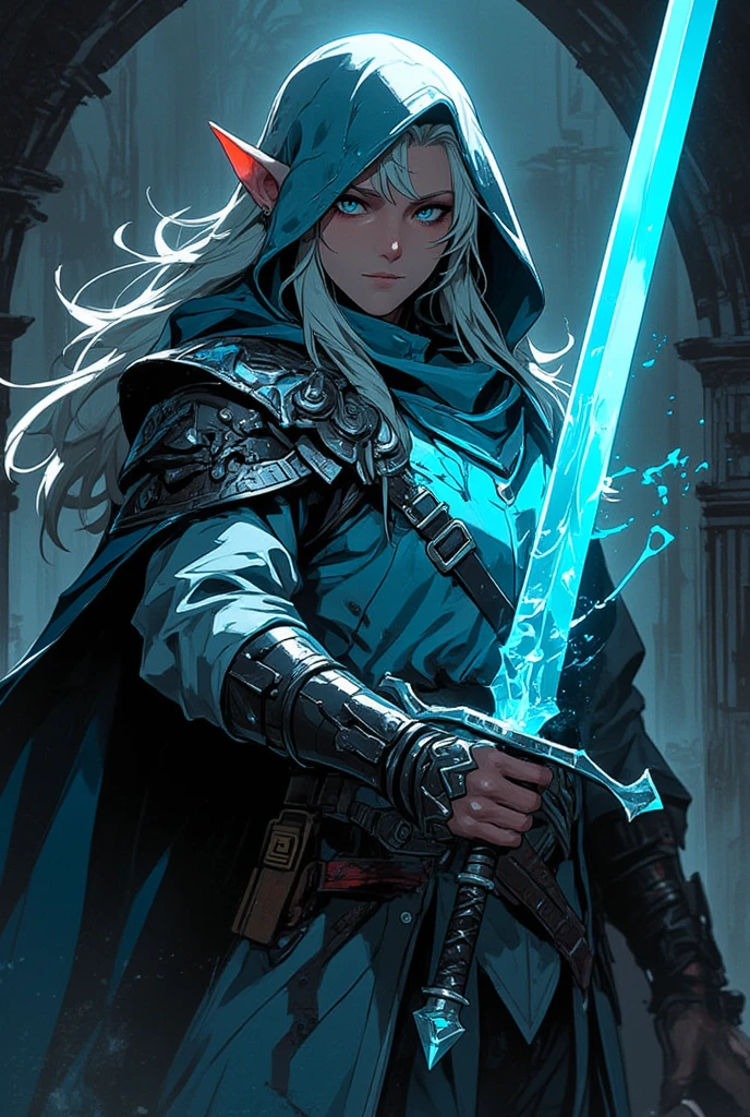 medieval setting, full view of body, 1 female elf mage,beatiful smokey eyes, silver hair, black mage robe with gambeson, wizard hat, leather boots