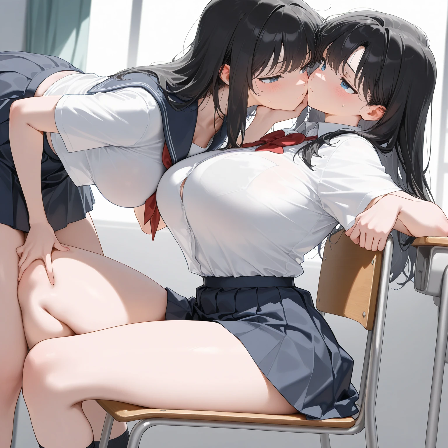 (8k, raw photo, masterpiece, extremely detailed, best quality, dynamic moving, only 1 picture, single image), BREAK (2 girls:1.5), (close up models, they are coming closer to me:1.3), nsfw, (beautiful and adorable girls), high quality, (they are looking at me, they are looking at the viewer:1.5), (they are looking up me:1.2), (front view, they are facing to me:1.5), bitches, lewd, blush, BREAK (sexual appeal battle, they are fighting each other with their sexual appeal:1.2), (competition of sexual appeal:1.2), (2 girls beg me to have sex with herself desperately and competitively:1.5), (they have very strong desire to have sex:1.2), (they are rivals and enemies with each other, they are in conflict each other:1.5), (they each want to be chosen and fucked by me:1.3), (they are dying to have sex, they wish to be a sexual slave of me), (they are ingratiating to me and competing sexual appeal and each of them wants to be my most favored sexual slave:1.3), (desperately and disgraceful competing:1.5), (they are showcasing the sexual allure of their bodies to me competitively, they are lifting their own tits with hand:1.5), BREAK (sweat drops), drool, (love juice, pussy juice), (pubic hair:1.2), tear drops, nipples, pussy, partially nude, sexual arousal, estrus, lust, (shouting), pleading, obsequious, ingratiating, tear-filled eyes, dynamic, (desperation), desperately miserable, BREAK plump body, 18 years old girls, BREAK school, classroom, school uniform, skirt, bare feet