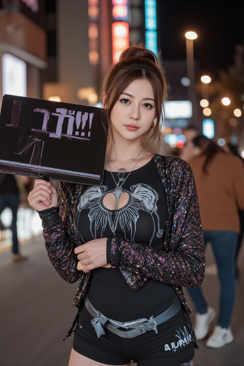 highest quality、8k Masterpiece、超A high resolution、(Photorealistic:1.3)、RAW Photos、1 girl、Black short hair、Glowing Skin、1. Super-beautiful Cyberpunk Soldiers、((Ultra-Realistic Details))、Portrait、Global Illumination、Shadow、Octane Rendering、8k、Super sharp、Beautiful breasts、Metal、Cold colors、、Very intricate details、Realistic Light、CGSoation Trend、Beautiful Eyes、Shining Eyes、To the camera、Neon Details、２０age、Too beautiful face、Intelligence、Obscene、Sexy、Moe、smile、Red beautiful sexy long dress、whole body、Healthy Body、The background is Shibuya Crossing、love、short hair、I can see her thighs、Charm、mischievouore sexy、samurai woman