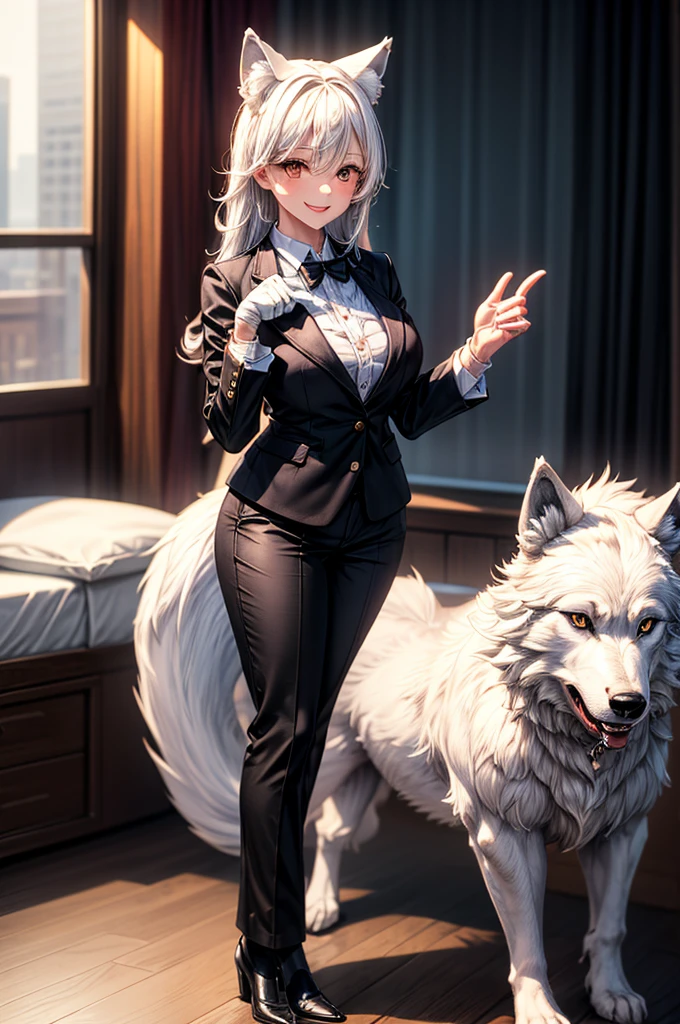 Sexy Woman with ,golden curly hair,Blue eyes,white fox ears,wear black office suit