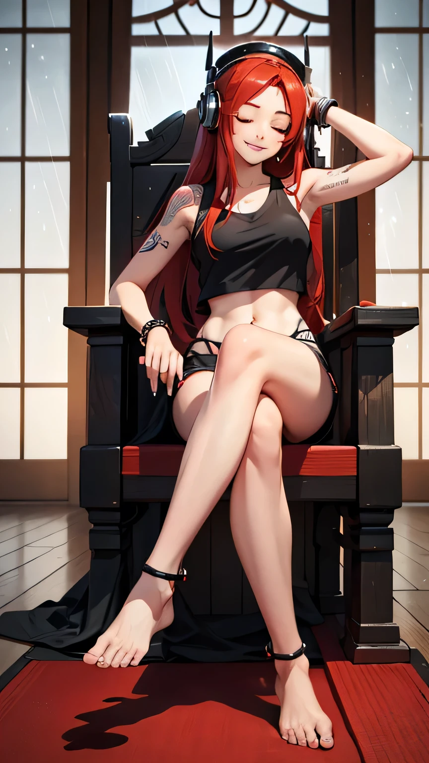 (((best quality))), ((ultra-detailed)), ((an extremely delicate and beautiful)), ((16k)), realistic, hd, cgi, gleaming hair, gleaming skin, gleaming dress, Character focus, solo, sitting down pose on a high throne, strong light coming in, sharp focus, illustration, game cg, anime, solo, curvy, (big breasts:1.3), forehead, ( white gold lining Chinese Lace Up Cheongsam Open Chest Bodycon Dress High Slit Qipao mini), faste collarbone, (belly:0.9), looking at the viewer, ocean, flower hair ornament, accessories, backlighting, shiny skin, shiny body, chibi, gloves, necklace, jewellery, black-brown hair, bead necklace, red faded into black colored hair, brown eyes, long hair, black bunny ears, red ombre hair, red-black hair, more yellow hair streaks, smaller dress, mommy goddess, thighs, looking down at the viewer, bare feet directed at the viewer, goddess, female dominance, high pony tail