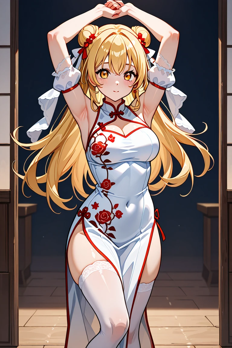 (Masterpiece:1.4),(extremely detailed CG unity 8k wallpaper),(large breasts:1.3),(Style image of cheongsam woman:1.5),seductive smile,(solo:1.5),(model:1.2),Seductive Anime Girl, small curvy loli, beautiful alluring anime teen, Beautiful anime girl, charming anime girls, Smooth Anime CG Art,beautiful alluring anime woman, Anime Best Girl,(asuna yuuki),pretty anime girl,(bare shoulders, china dress, chinese clothes, short dress, cleavage cutout, sideboob, thighs:1.3),(chinese double bun bun:1.1),white Clothes, chinese style architecture behind, lens flare,(ba gua),beautifully painted, outdoors,