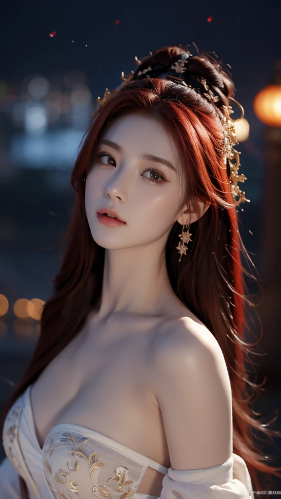 8k,Adult woman with red bushy hair,so beautiful(Like the real thing), strict, elegant, Red Dress, The enchanting aristocrat, silver element, Long nails, Exposing shoulders, Hairstyle, Beautiful expression,blue eyes, Messy, I am proud, Absurd, Elegant dress, Royalty, celebration, Hall decorated with flowers, Cowboy Shot, Portraiture, (Highest quality), (Tabletop), (Very detailed), masterpiece,Highest qualityのフォトリアリスティックなRAW写真。Backlight, Cinema Lighting, Film Grain, to be born, 50mm lens, Nikon D850,Ultra-Realistic Skin,Fantasy art,Character Art,Ultra-high resolution,A muscular and slender macho man,Perfect hands,compensate,Bust shot close-up,