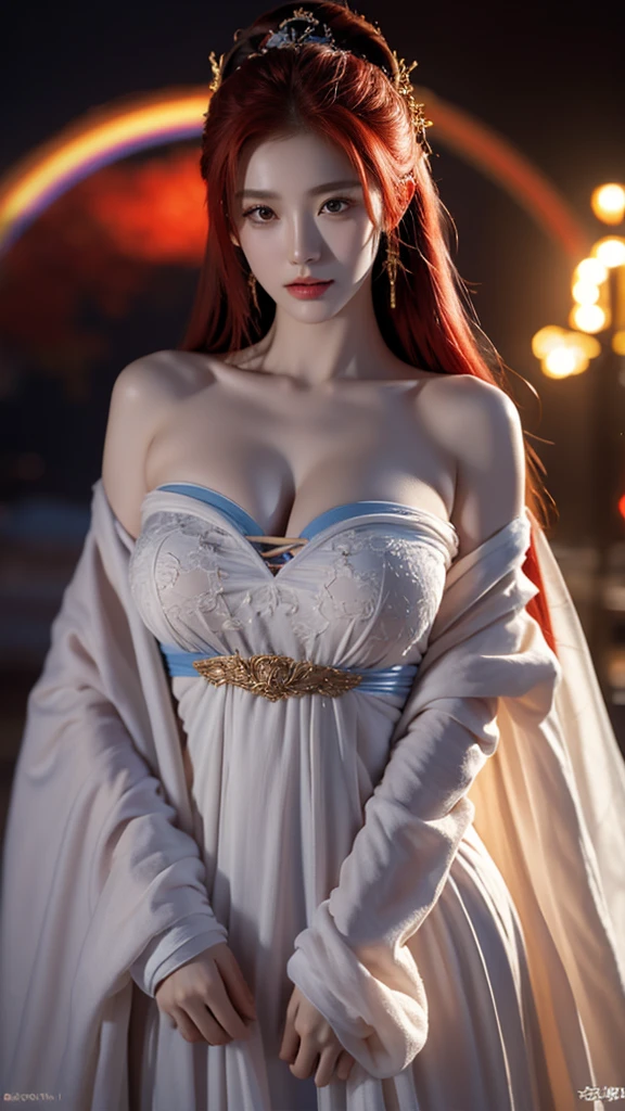 (RAW photo:1.2), ((photorealistic:1.4),(masterpiece:1.3),(best quality:1.4),ultra high res,(detailed facial features),(detailed body features),HDR,8k resolution, 1 girl, blush, 8k, ultra high details, perfect nose, cinematic lighting, perfect body, red light hair, horn headband 