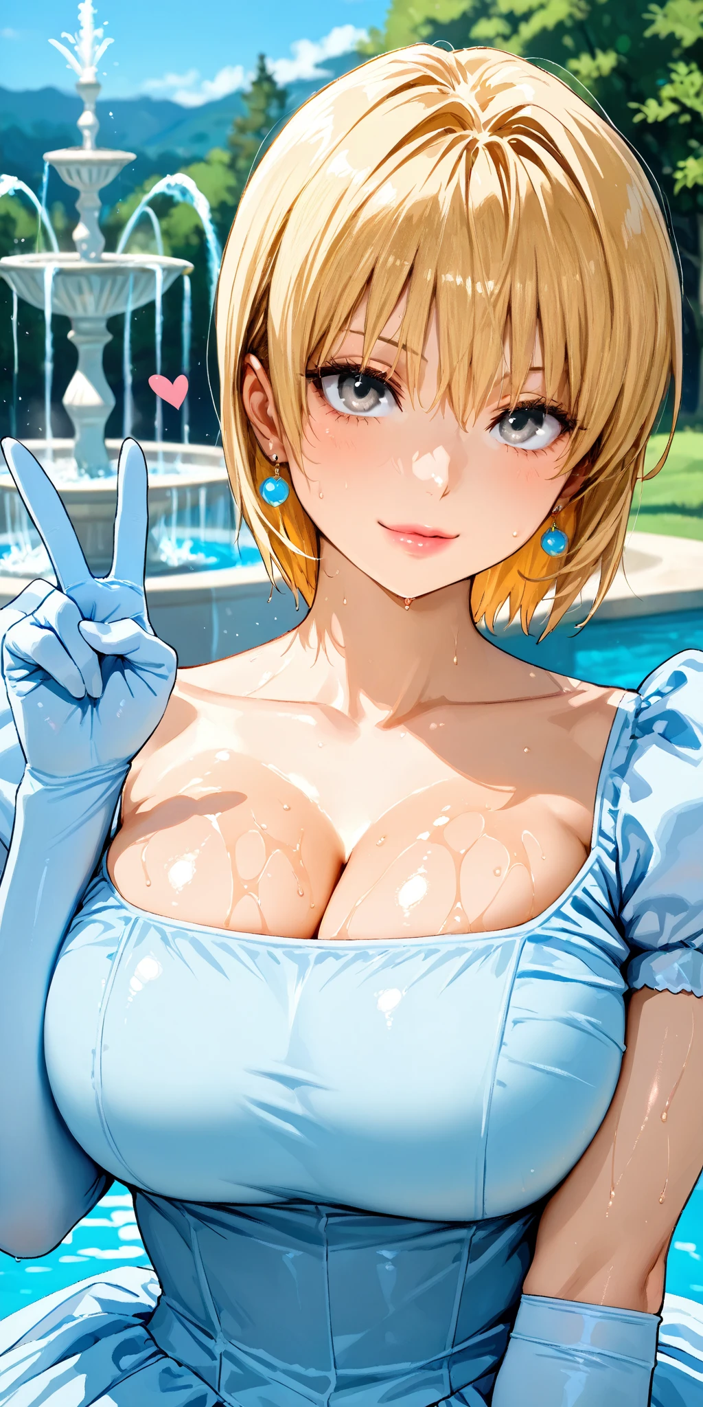 (best quality, ultra-detailed, photorealistic: 1.39), bright and vibrant colors, studio lighting, romantic expression, love smile, Beautiful Transparent blouse with visible bra underneath, white latex shorts, light fabric, undercut platinum bobcut blonder hair, small breasts, fit, short hair, hair on one side shaved and the other long, mercenary, charming pose, she is blushing, cleavage