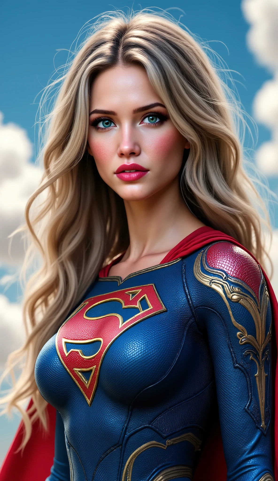 R@1ne, Generate a photorealistic, high-definition image of Raine as SuperGirl, focusing on her beautiful, detailed young face. Set against an outdoor sky backdrop, the image should capture her half-length figure, which is tall and slim, showcasing her perfect physique. Raine is wearing the iconic SuperGirl suit, which should be depicted with utmost detail and realism. The suit should be a jumpsuit with an appropriate superhero silhouette, emphasizing a toned body with a notable thigh gap, but avoiding inappropriate details like camel toe. The image should highlight SuperGirl's strength and grace, with particular attention to the detail of her face and costume. The lighting should be cinematic, using ray tracing for ultra-high definition and photorealistic quality. The artwork should be a vivid masterpiece, with intricate details and finely textured fabric, all rendered in a realistic style that matches the highest quality standards. This image should be a testament to the character's power and grace, making it both a tribute to the character and a piece of art.