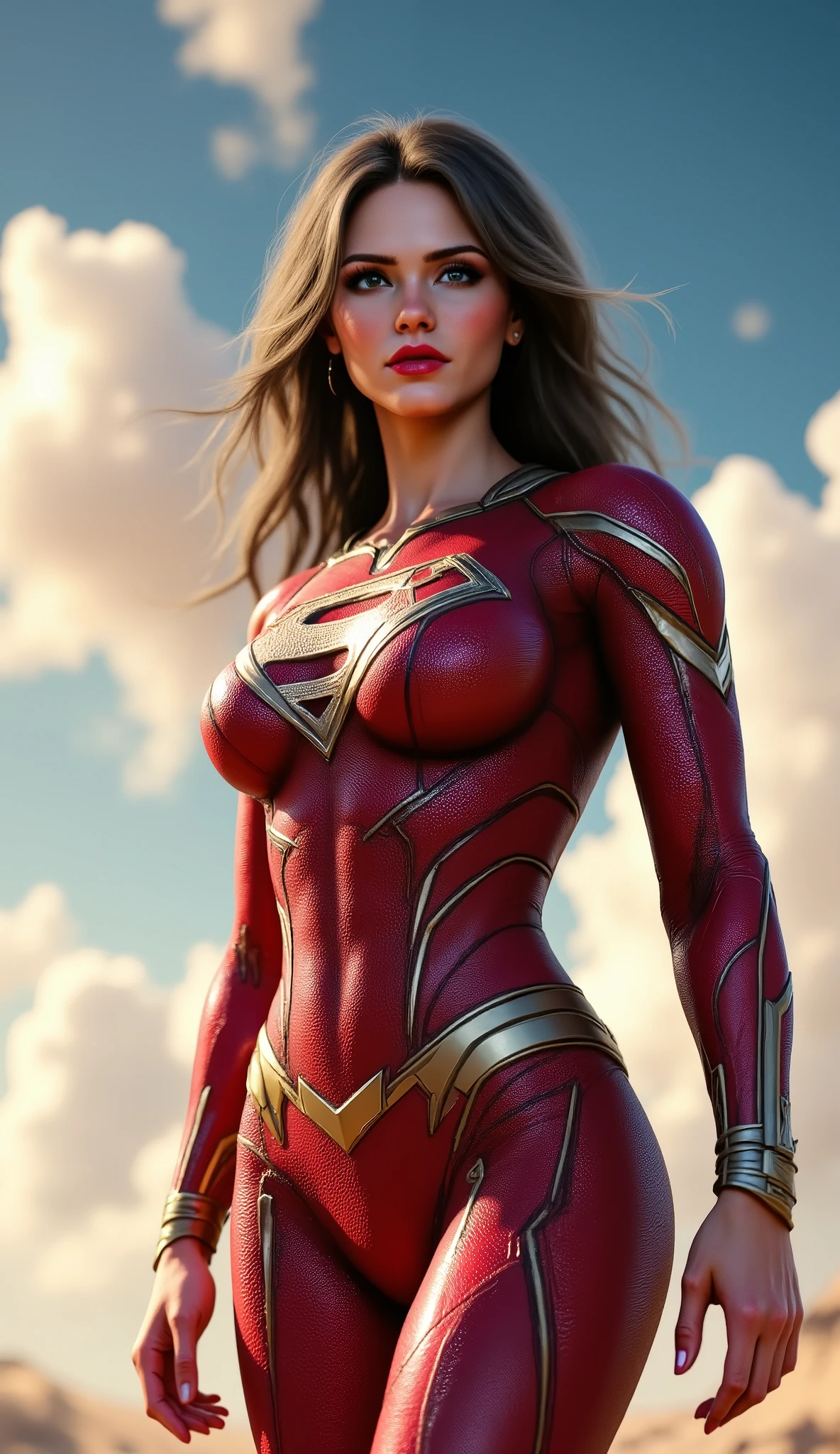 R@1ne,
half-length,Raine,(Perfect figure,be tall and slim),solo,standing,(outdoor:1),sky,Focus on the face,Beautiful face,Detailed delicate young face, Raine as supergirl, (Super girl suit:1.5),Jumpsuit,(huge breasts,Big ,Big breasts:1.3),thigh gap,camel toe
realistic style,vivid picture,masterpiece, (best quality:1.2),ultra-detailed,realistic,High definition,High quality,Cinematic Light,Ray tracing,ultra high res,UHD,(photorealistic:1.5),intricate details,detailed texture,finely detailed,High quality shadow