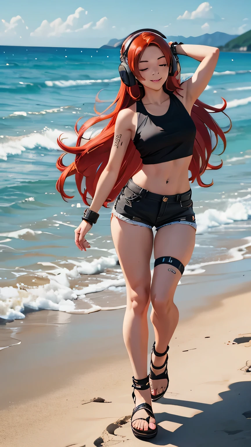 ((masterpiece, best quality, ultra-detailed)), 1girl, beautiful woman on the beach, smiling, blush, wearing black bra and maxi pencil skirt, long pencil skirt, midriff, full body picture, necklace, bracelet, sandals, wavy red hair, summer, beach
