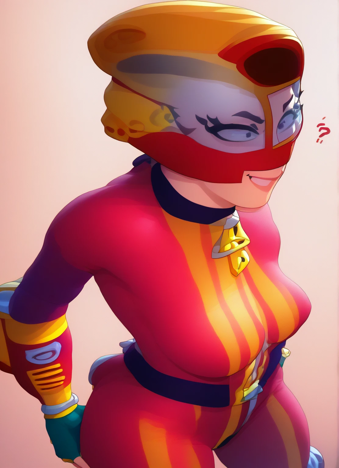 1girl, solo, Max, maxbs, red bodysuit, helmet, yellow fingerless gloves, belt, gigantic breasts, wide hips