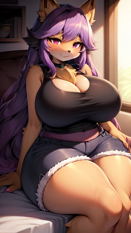 score_9, score_8_up, score_7_up, score_6_up (huge breasts:1.4) (masterpiece) (high quality) (best quality) (1girl), (solo), narrow waist, (looking at viewer), striped knee highs, cat, anthro, black fur, purple stripes on fur, black crop top with short sleeves, bare shoulders, slight smile, black plaid skirt, black cat collar, bracelet, sitting, legs spread, bedroom, night