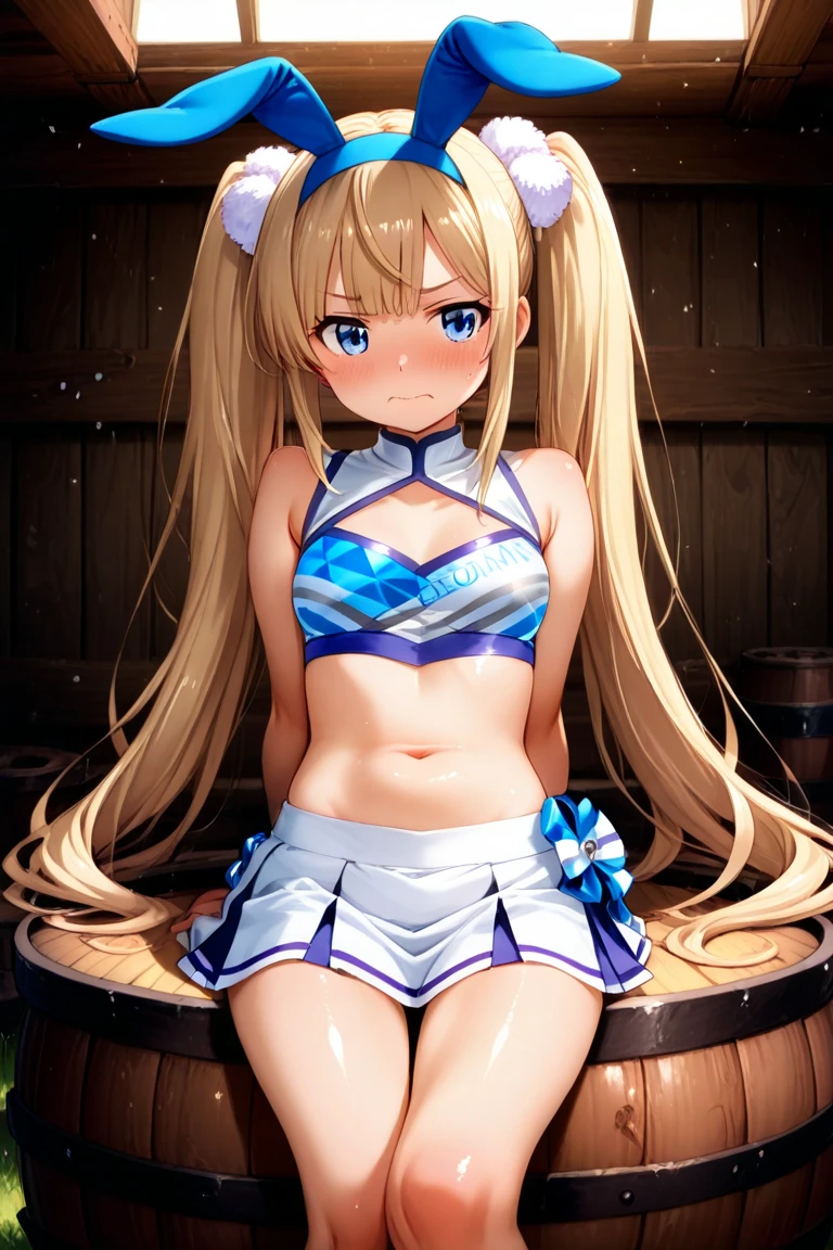 Background is school pool, lots of schoolgirls in the background, focus on the background, heart cut out sailor suit, sailor suit and lingerie fusion, model pose, rabbit ears, thick eyebrows, female brat, small, pigtails, beautiful blonde, braid, (masterpiece), ((best quality)), (super detailed), full body anime girl, clean and detailed face, five fingers, textile shading, perfect human body structure, perfect anatomy,